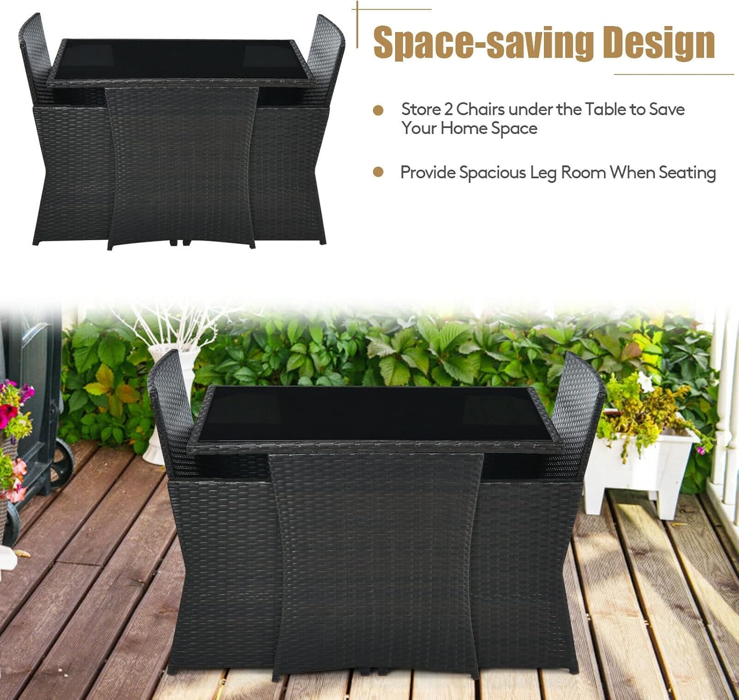 3PCS Patio Rattan Furniture Set Cushion Sofa Armrest Garden Deck Navy Mixed Brown