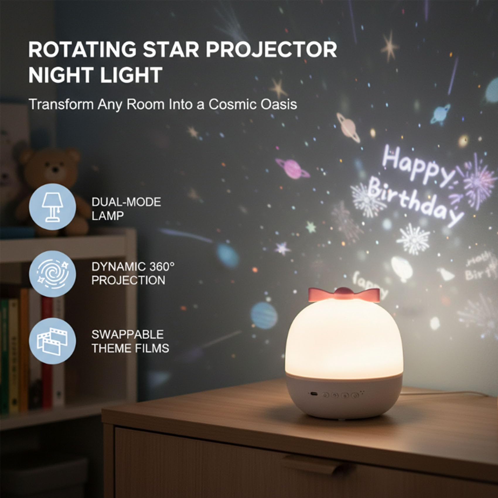 Proyector de estrella giratorio recargable 360, luz nocturna, lámpara de proyector de cielo estrellado con 21 películas reemplazables, linda luz de estrella de arco para niños (1Pcs)