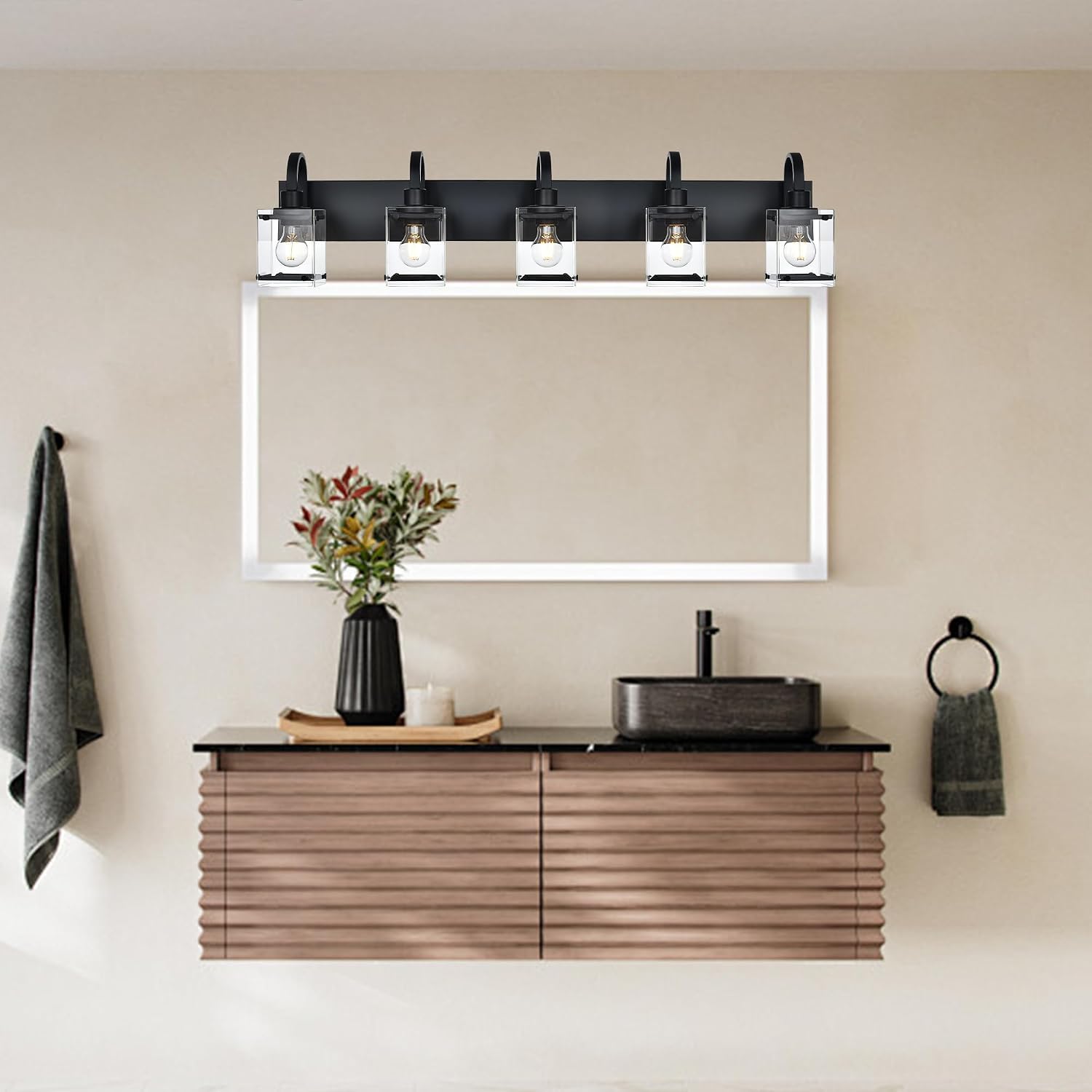 5-Light Black Bathroom Vanity Light, Modern Farmhouse Wall Fixture with Clear Glass Shades, Vintage Over Mirror Lighting for Bathroom, Bedroom & Hallway