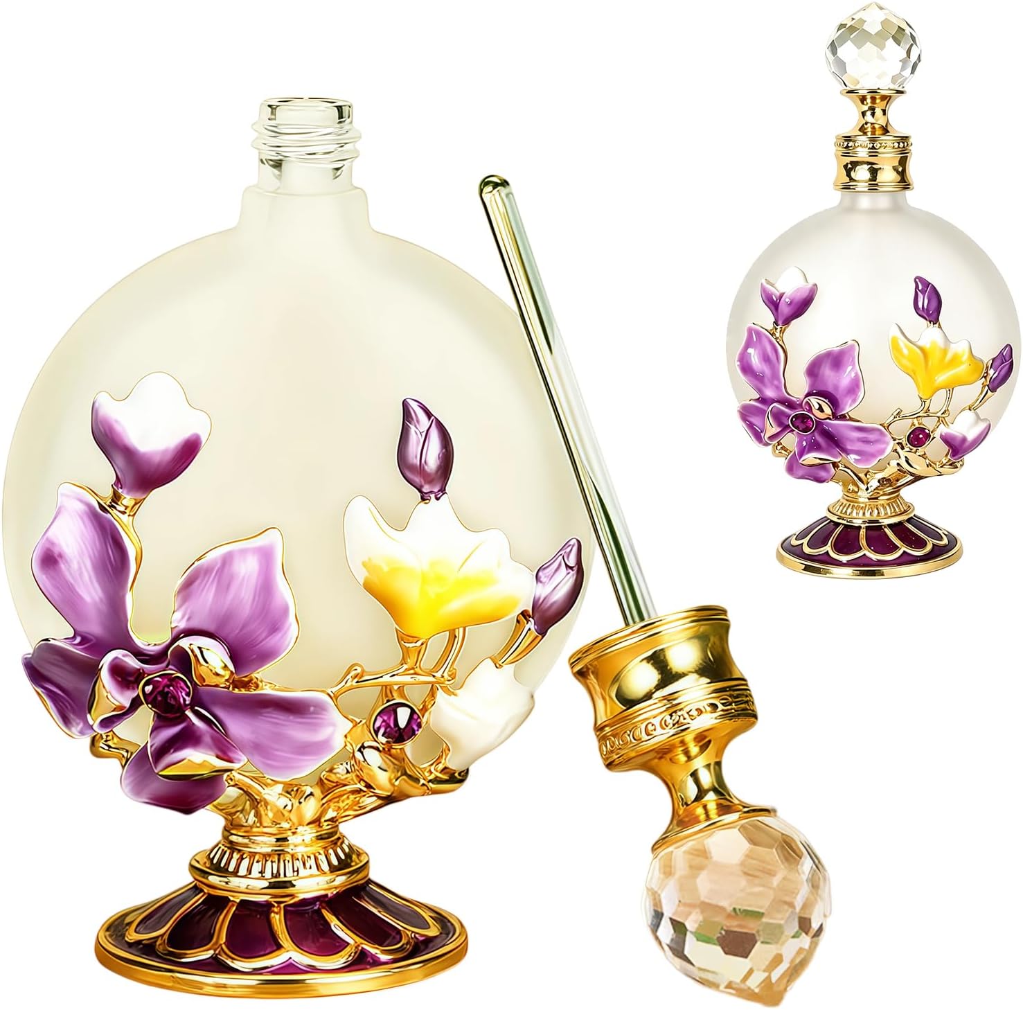 Joyeee 30ml Glass Perfume Bottles Empty with Purplish Pink Magnolia, 1 Pack Vintage Antique Dropper Perfume Bottle, Portable Essential Oil Vial Scent Bottles, Girl Women Gift for Dresser Table Decor