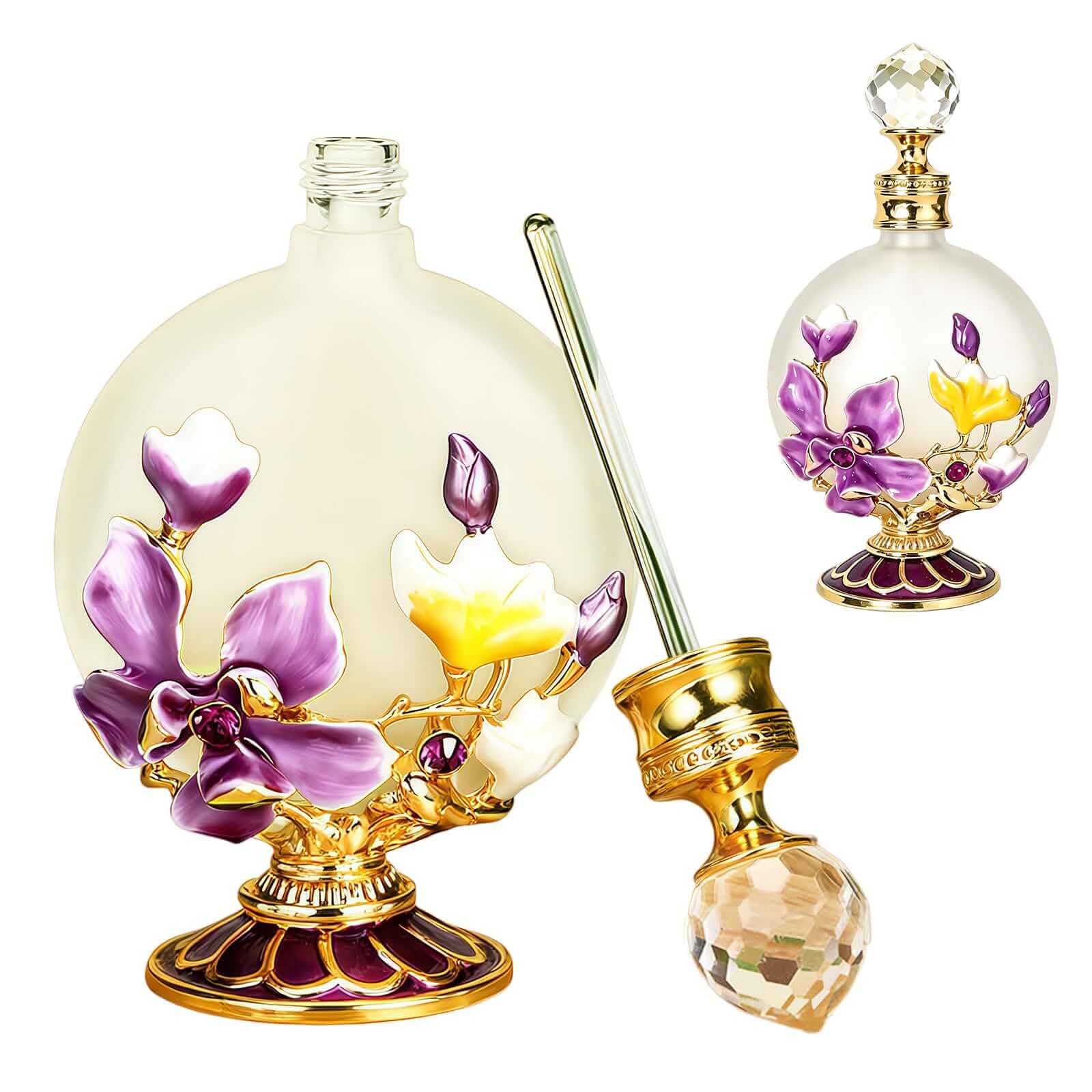 Joyeee 30ml Glass Perfume Bottles Empty with Purplish Pink Magnolia, 1 Pack Vintage Antique Dropper Perfume Bottle, Portable Essential Oil Vial Scent Bottles, Girl Women Gift for Dresser Table Decor Glass