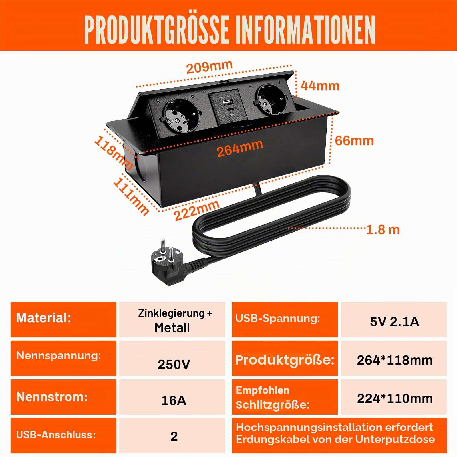 Buyweek Steckdosenleiste Versenkbar mit USB und Type-C Anschlüssen 18W Schnellladung Versenkbare Steckdose Schwarz Einbausteckdose Tischsteckdose mit 1,8m Netzkabel für Werkbank, Küche, Büro