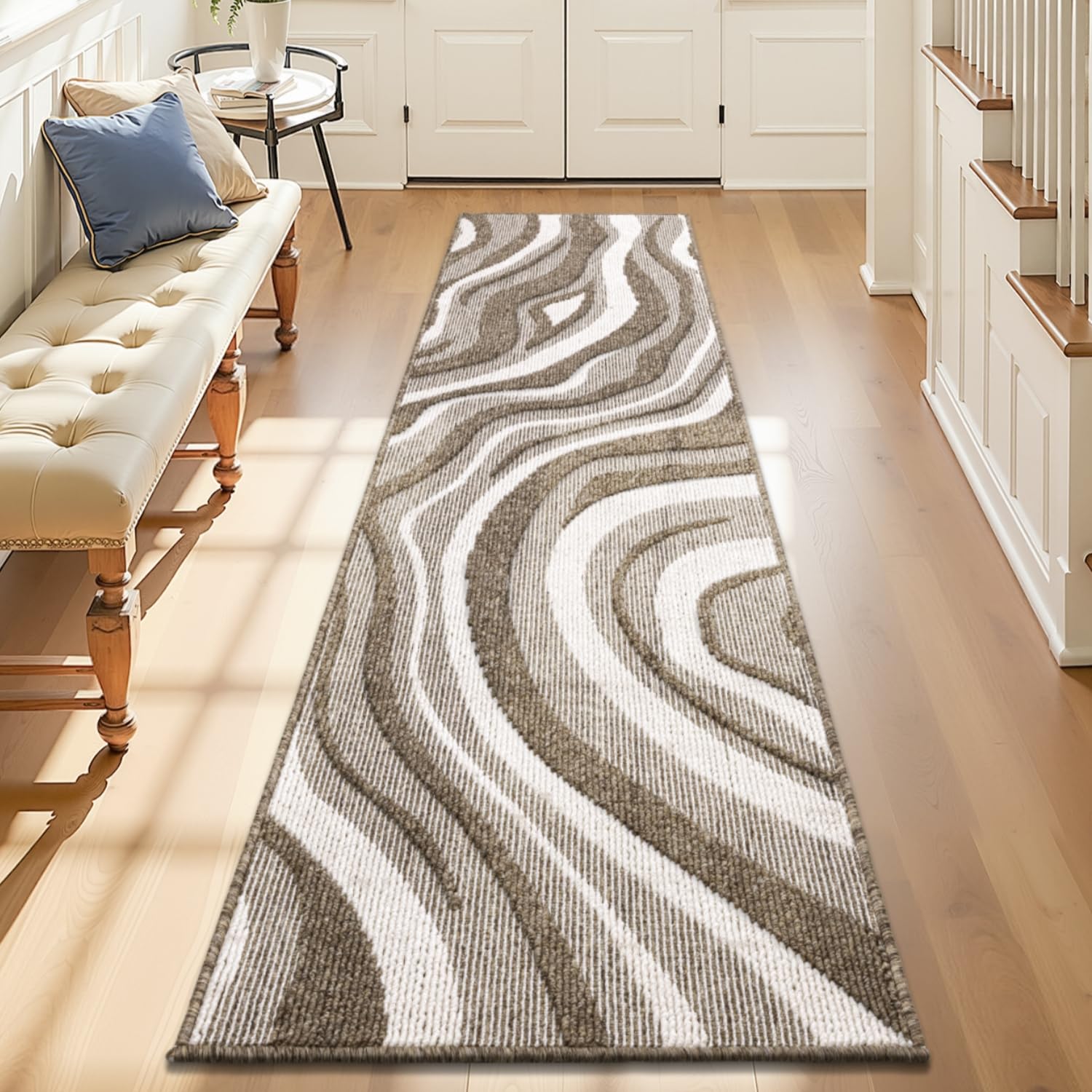 Tapis de Couloir 60 x 240 cm Long Moderne Antidérapant Tapis Cuisine Devant Evier Lavable Hall d'Entree Interieur pour Couloir, Cuisine, Buanderie, Beige et Ivoire