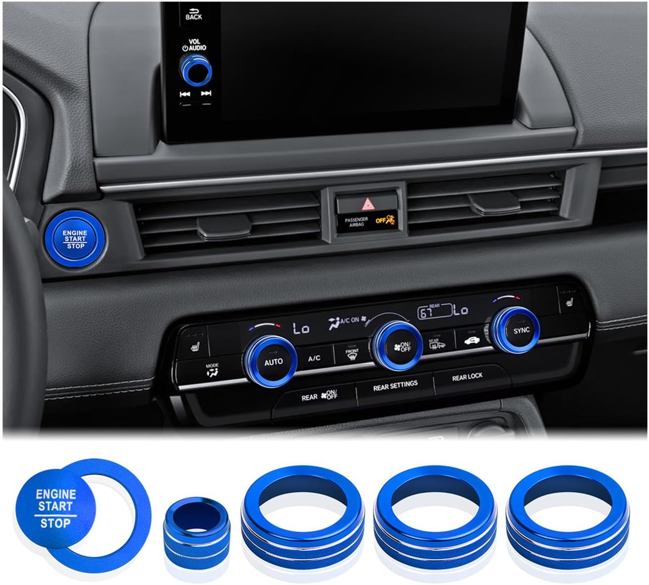 for Honda Pilot Accessories 2023-2025, 6pcs Aluminum Alloy Trim Knob Covers Kit - Push Start, Air Conditioning & Volume Tune (Dark-Blue)