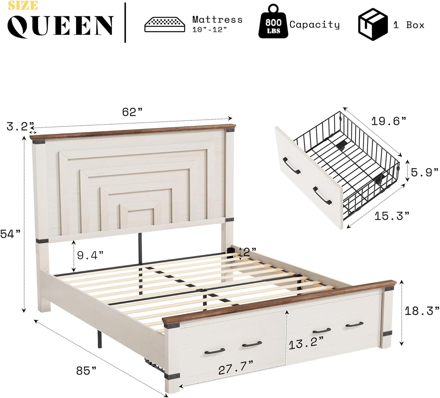 AMERLIFE 2 Pieces Farmhouse Bedroom Set, Includes Wood Rustic Queen Size Bed Frame with 54" Tall Headboard, 48" Tall 5 Drawers Dresser Chest, Heavy Duty Thick Plank Styling, Antique White