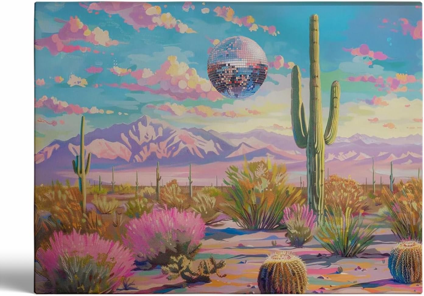 Disco Cactus Cowgirl Wall Art, Desert Disco Print，Cowgirl Dorm Decor, Funky Disco Wall Print,Bar Cart Poster, Preppy Pink Room Aesthetic Decor 16x24inch Framed Art