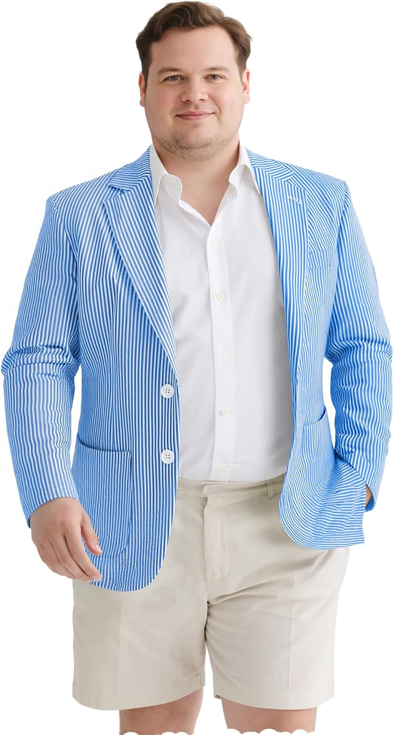 Men’s Big & Tall Striped Seersucker Blazer Casual Lightweight Suit Jacket Summer Beach Wedding Daily Wear