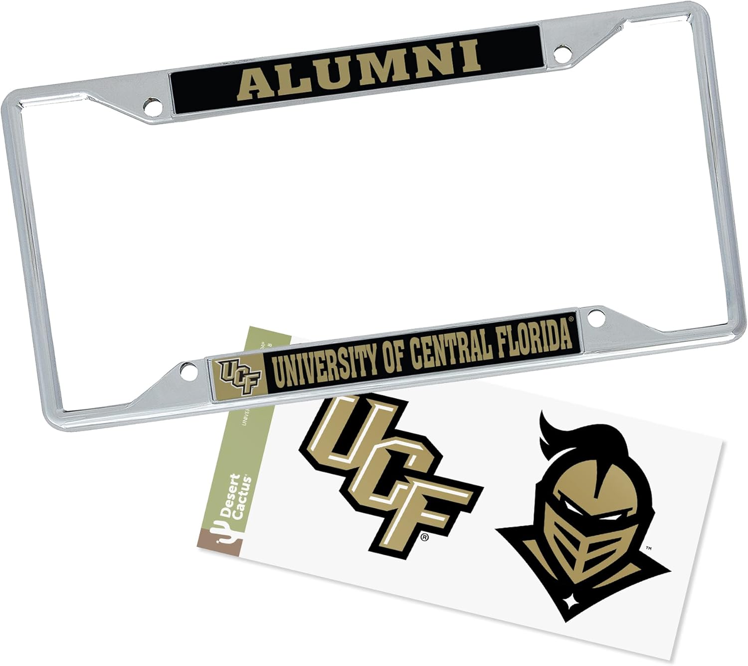 Desert Cactus University of Central Florida Car Accessories Metal License Plate Frame and Sticker for Front or Rear of Car (Sticker Frame Combo - Alumni)