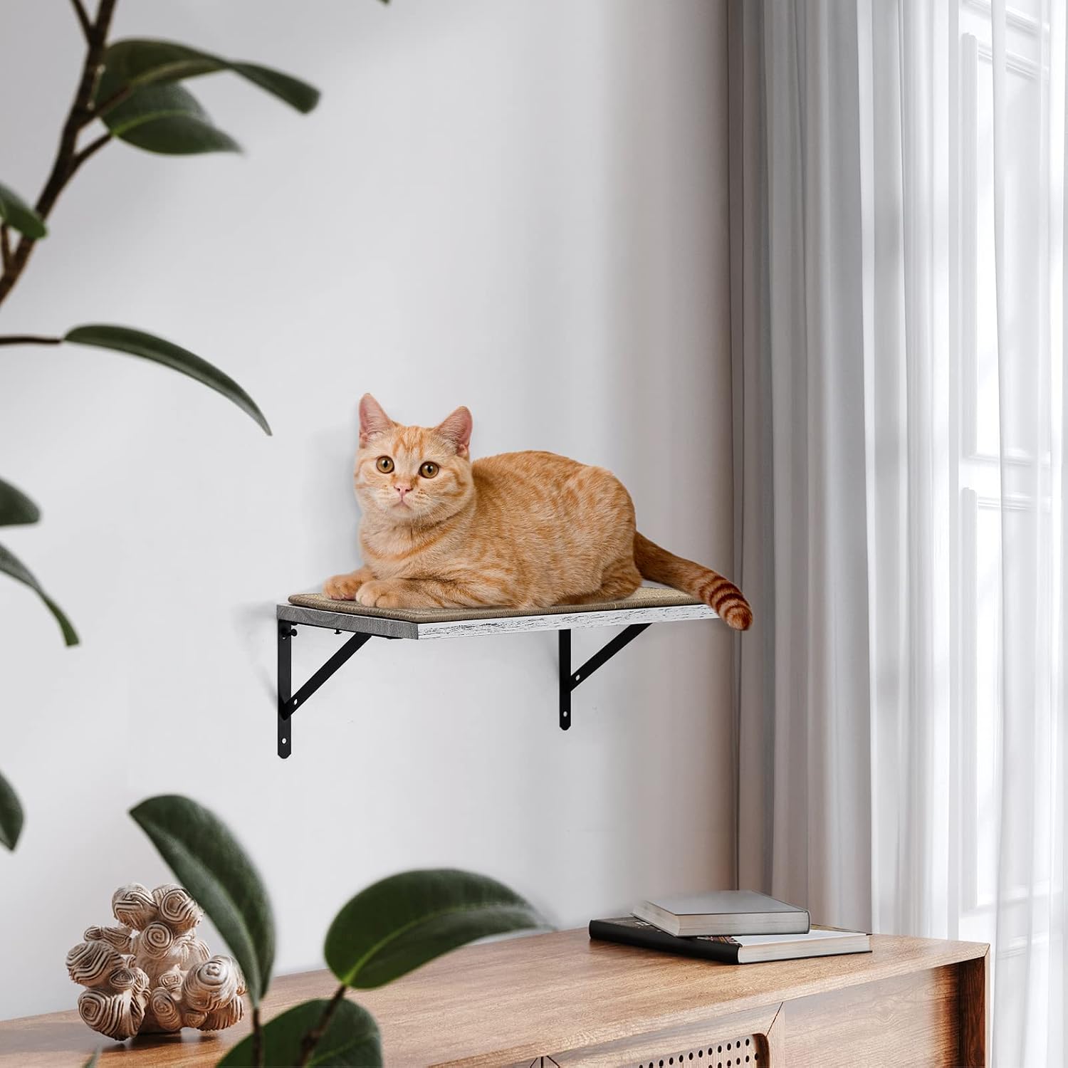Cat Climbing Shelf Wall Shelves 2 Pack with Cat Scratching Sisal Mat,Solid Pine Wood Cat Hammock Wall Mounted Kitty Furniture,Indoor Cat Floating Shelves for Perching,Playing,Sleeping Off-White
