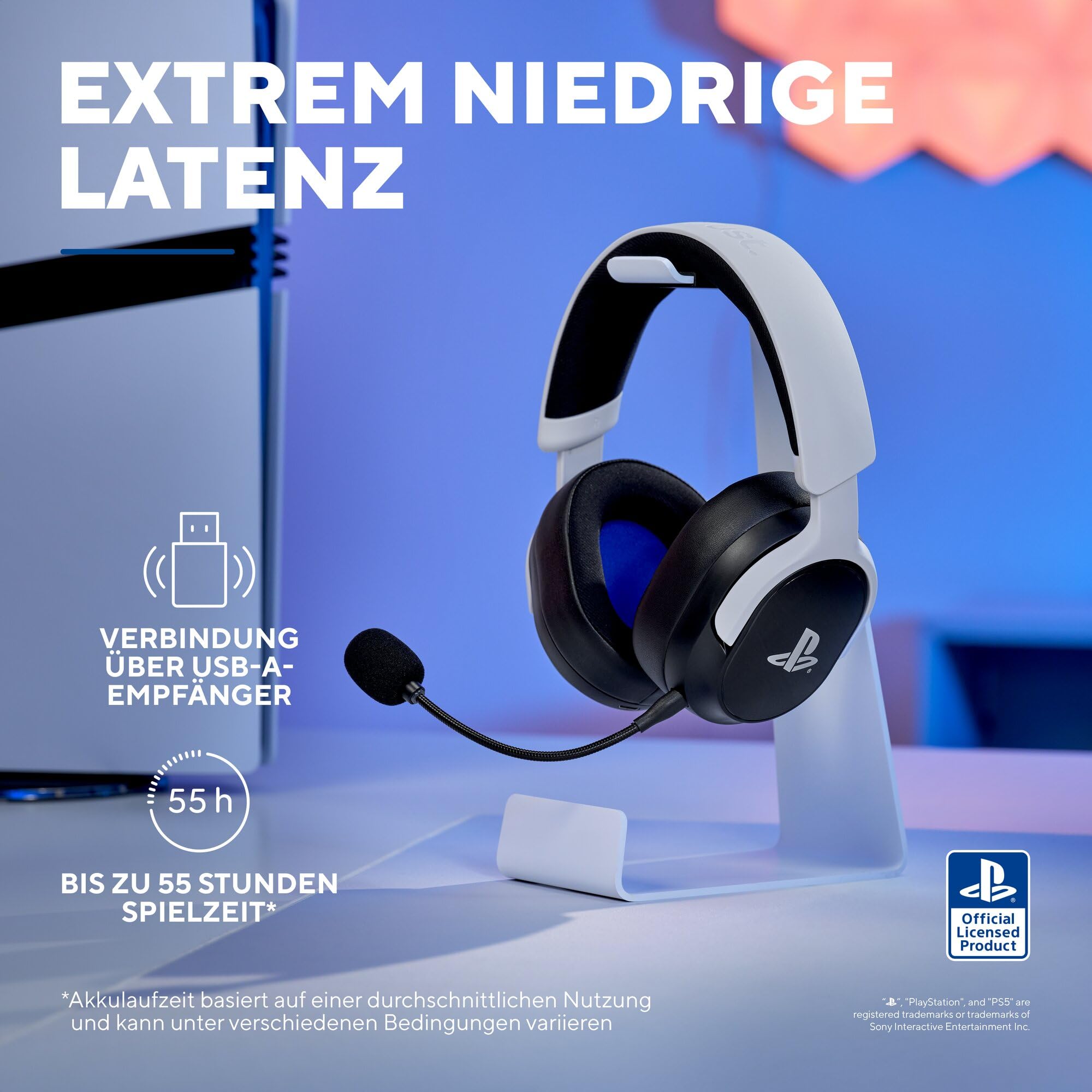 499BW Forta Kabelloses Gaming Headset Offiziell Lizenziert für PlayStation 5, Niedriger Latenz, 2,4G USB Empfänger, 50mm Treiber, 55H Akkulaufzeit, Headset PS5 mit Mikrofon, Schwarz/Weiß - 4