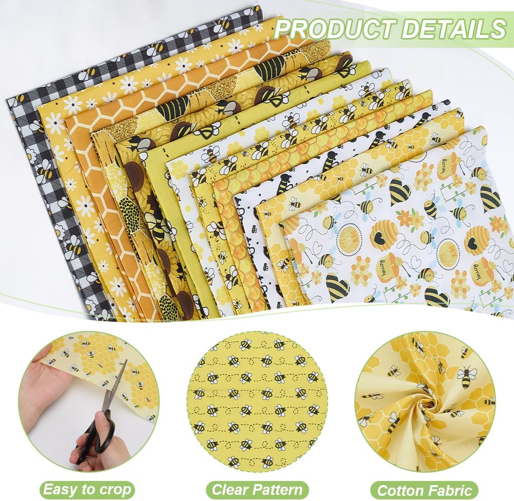 WEBEEDY 12 Pcs Cotton Fabric Fat Quarters Bee Theme Sunflower Daisy Honeycomb Plaid Fabric Squares for DIY Sewing Crafts Quilting Home Decor Christmas DIY Gift Making, 19.7x17.7 inch