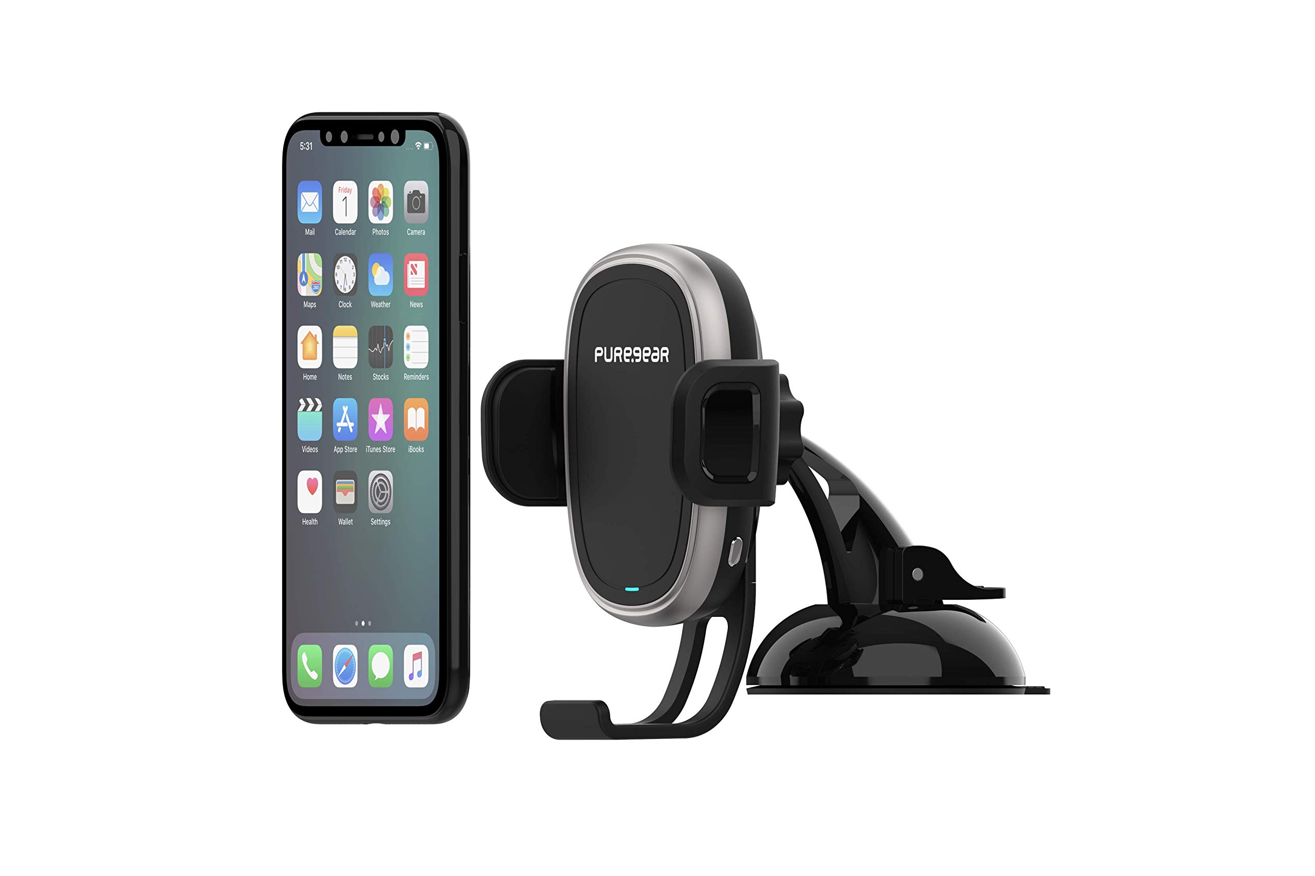 PureGearAutoGrip 7.5W/10W Qi-Certified Car Charger, Self-Gripping System, 3ft. USB-C Charging Cable, Black Color Dash Mount for Qi Enabled Phone - iPhone 12/11, Galaxy S20/Note 20, Pixel, & More