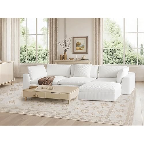 Modular Sectional Sofa,Oversized Cloud Couch Sectional, Cushion Covers Removable,Deep Seat Sectional Sofa Couch for Modern Living Room/Office (3 Seater+1 Ottoman-White Corduroy)