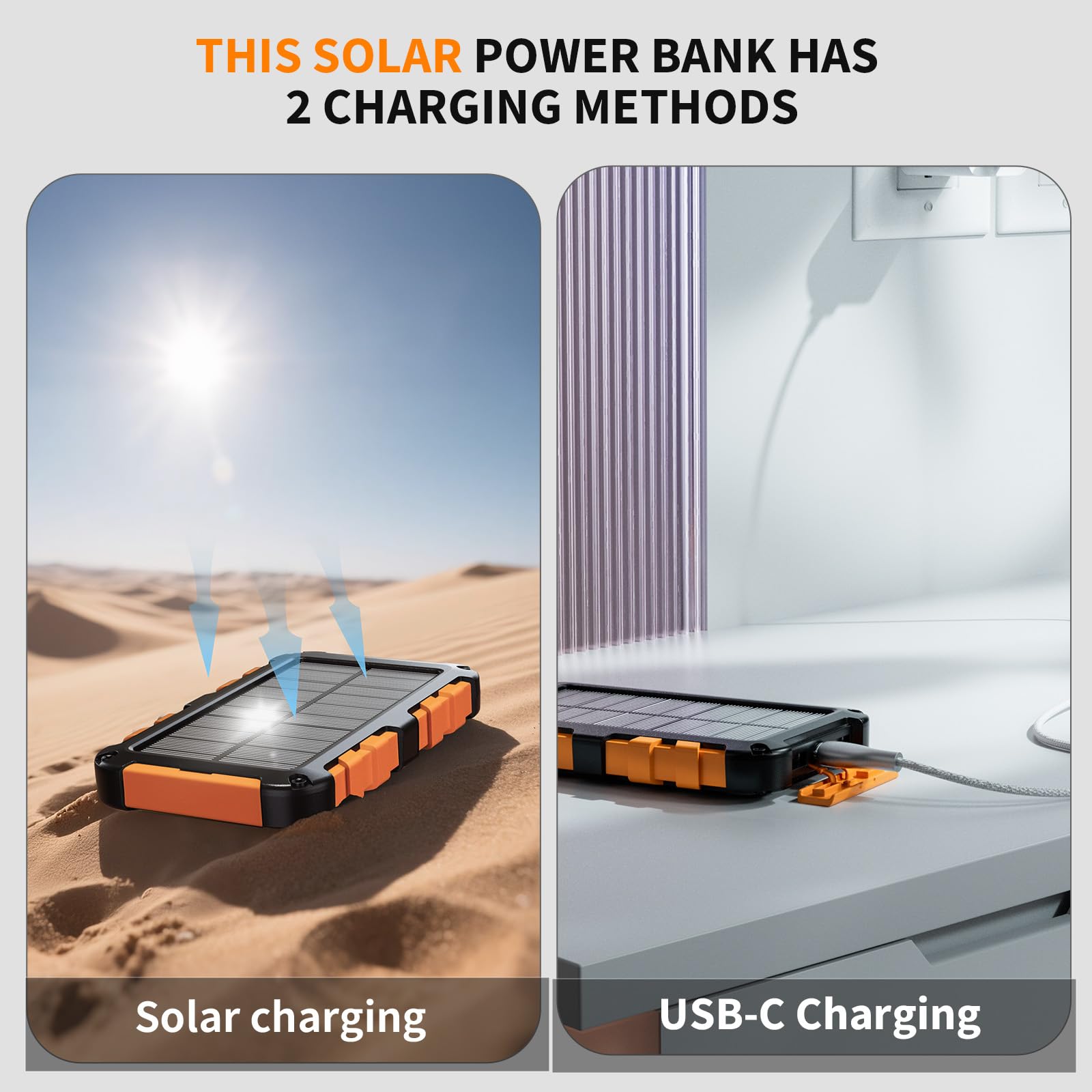 Batteria esterna solare 10000 mAh PD 15 W caricatore solare con 2 porte USB e ingresso USB-C ricarica rapida solare power bank impermeabile compatibile con telefono tablet campeggio, arancione