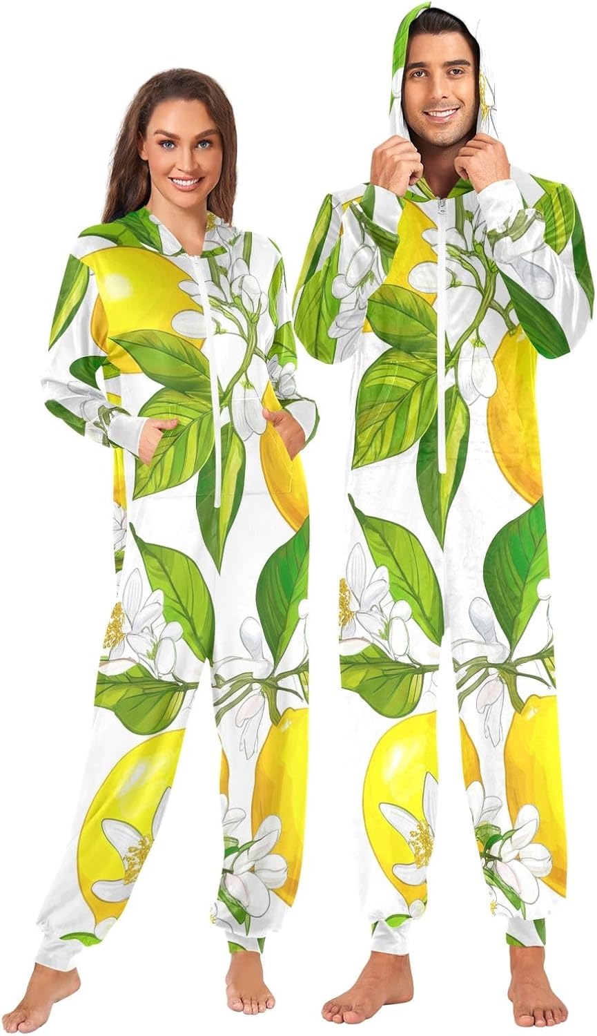 GAIREG Bright Yellow Lemons White Adult Onesie Pajamas, Unisex Hooded One Piece Sleepwear with Zipper