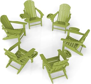 Folding Adirondack Chair Set of 6 with 4-in-1 Cup Holder,Fire Pit Chair | HDPE All-Weather Adirondack Chairs Outdoor Adirondack Patio Chairs for Poolside,Lawn,Garden,Backyard,Deck Light Green