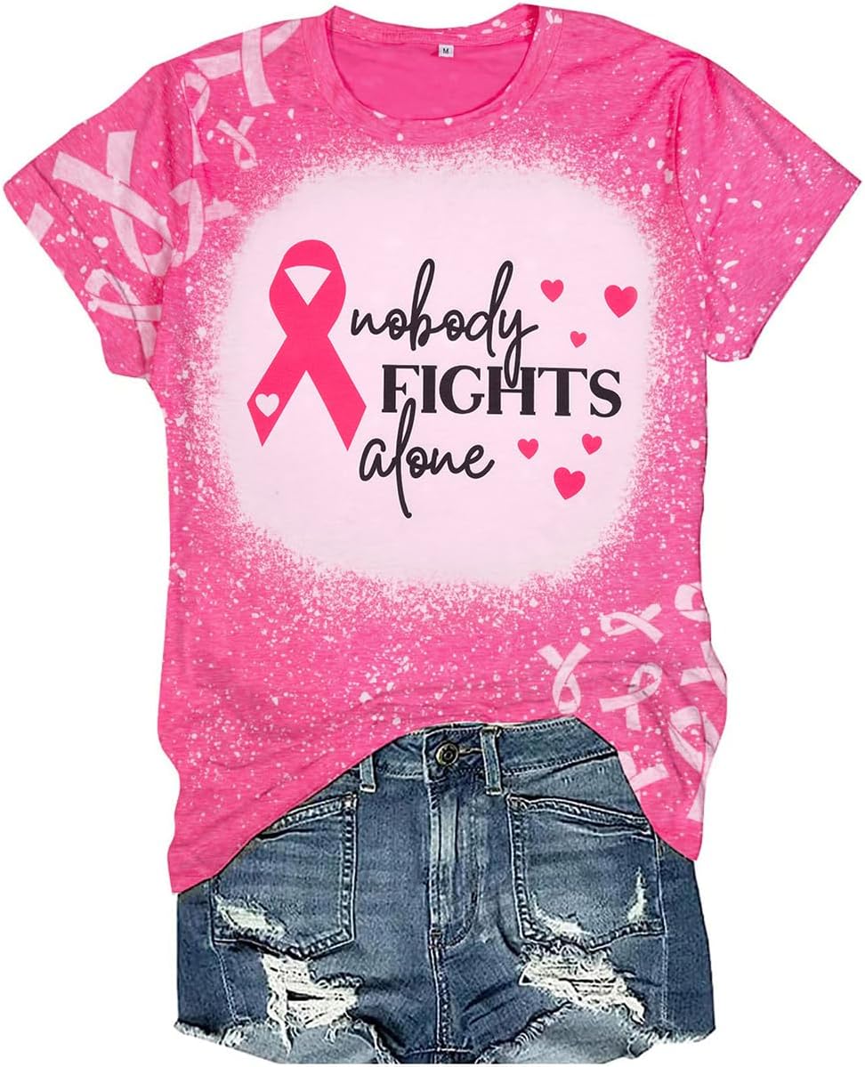 Cancer Shirt for Women Breast Cancer T-Shirt Nobody Fights Alone Shirts We Wear Pink Shirt Ribbon Short Sleeve Tee Tops