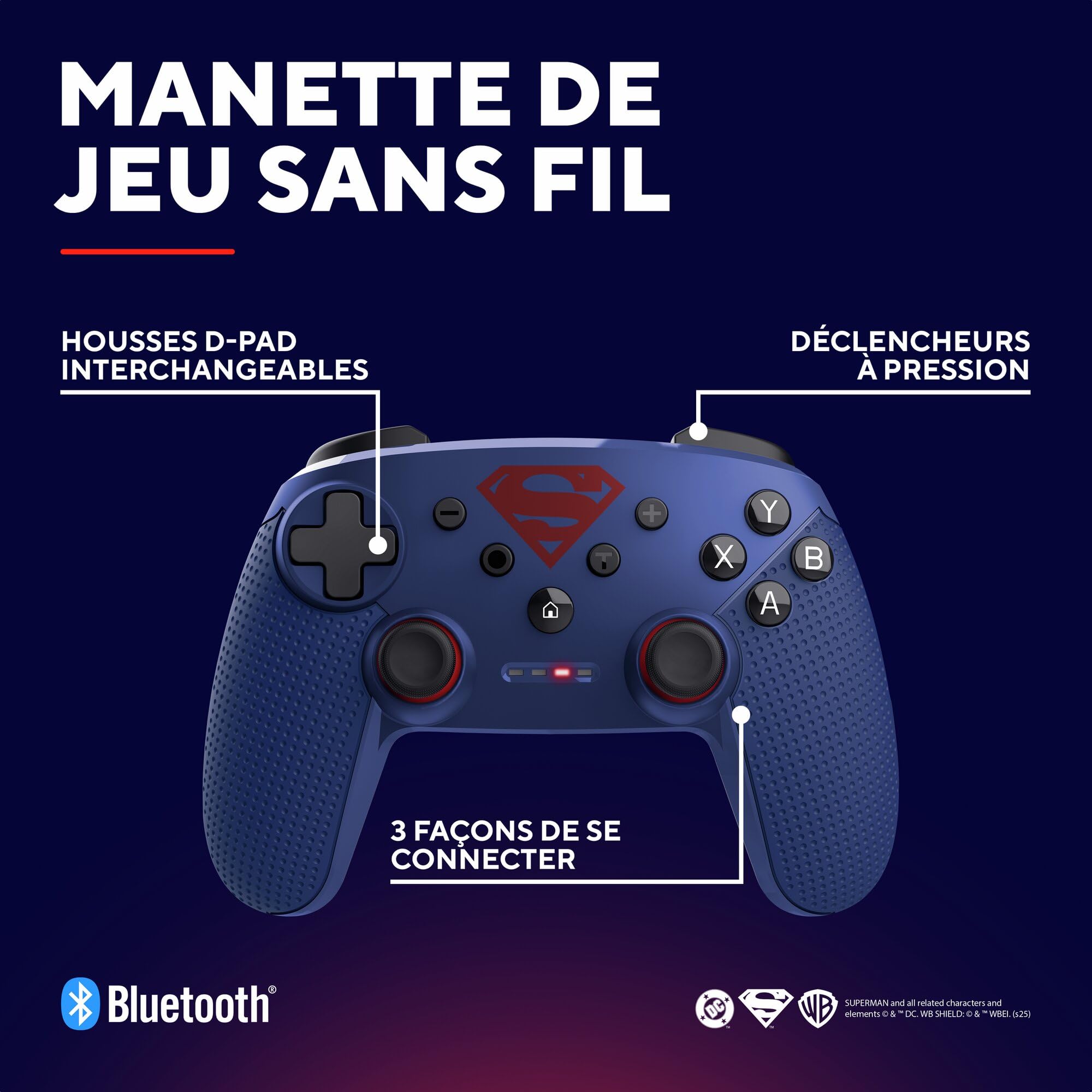 GXTrust 542SM Muta Manette Switch & PC sans Fil Licence Superman Bluetooth / 2.4GHz / USB, Batterie Rechargeable, Contrôleur de Jeu Nintendo Switch OLED/Lite iOS Android Consoles Windows, Bleu