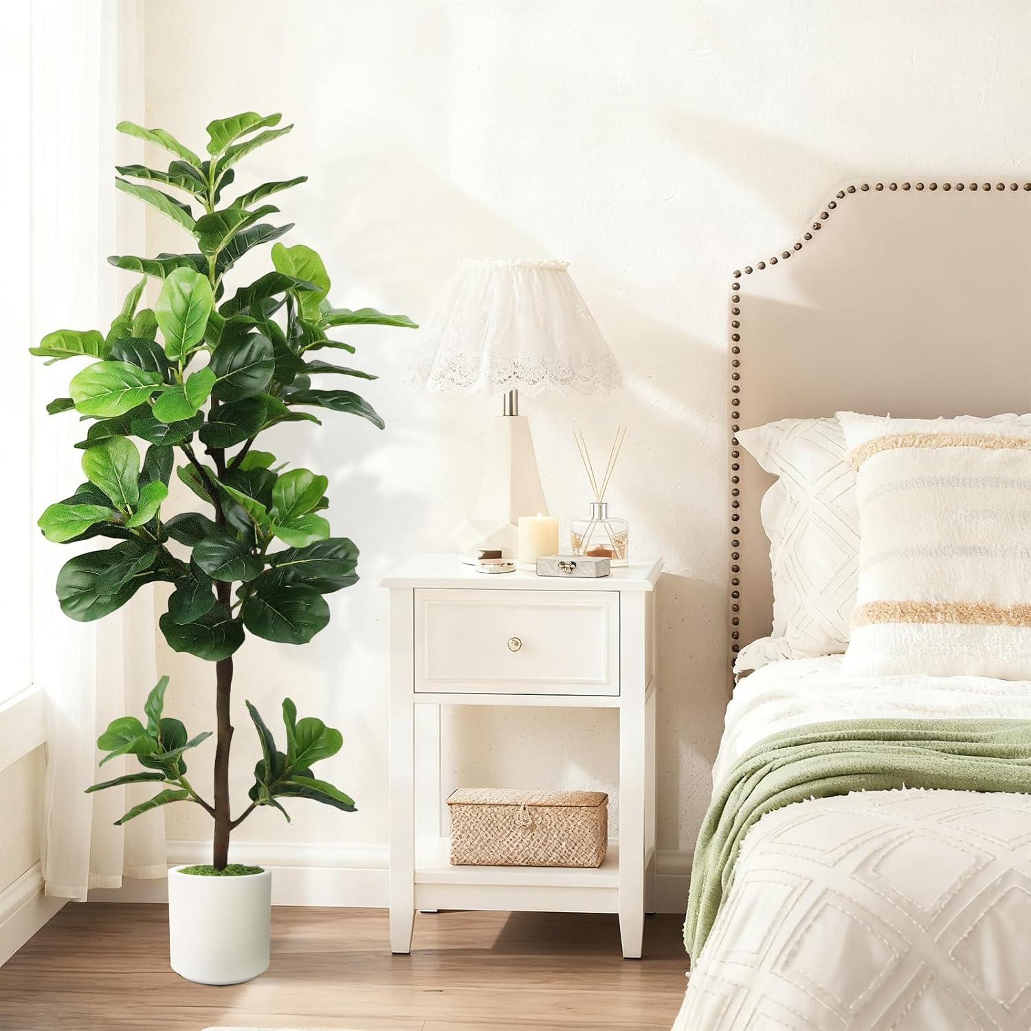 5FT Artificial Fiddle Leaf Fig Tree with White Planter & Fake Moss, Realistic Faux Ficus Lyrata Floor Plant for Indoor Home Office Decor, Housewarming Gift - Image 8