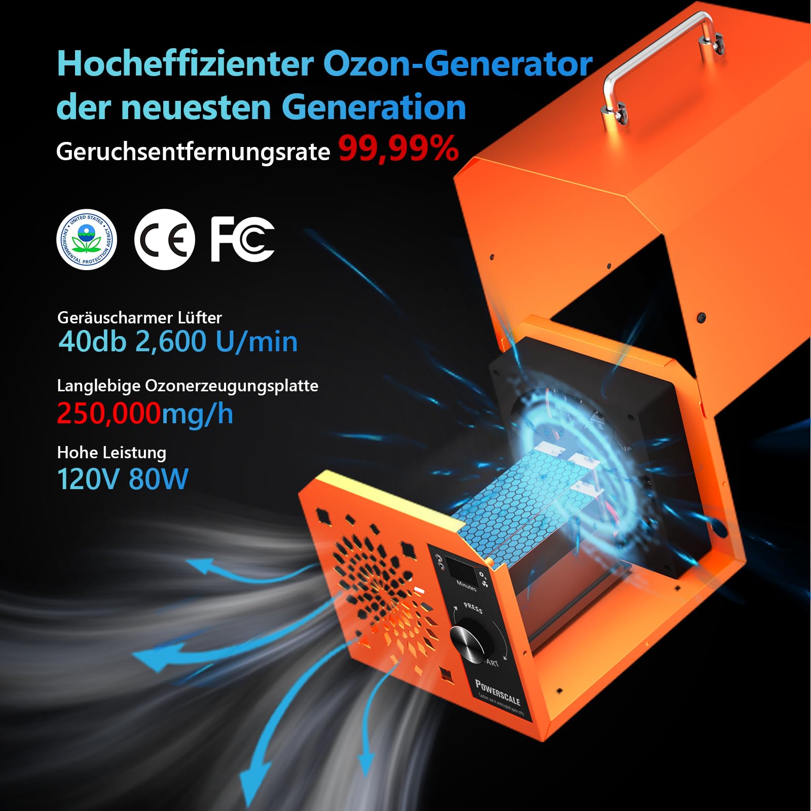 PowerScale OZB3 Gewerblicher Ozongenerator 250.000 mg/h – Industrielles Ozon Luftreiniger Gerät zur Geruchsbeseitigung, Desinfektion & Sterilisation für große Räume & Büros