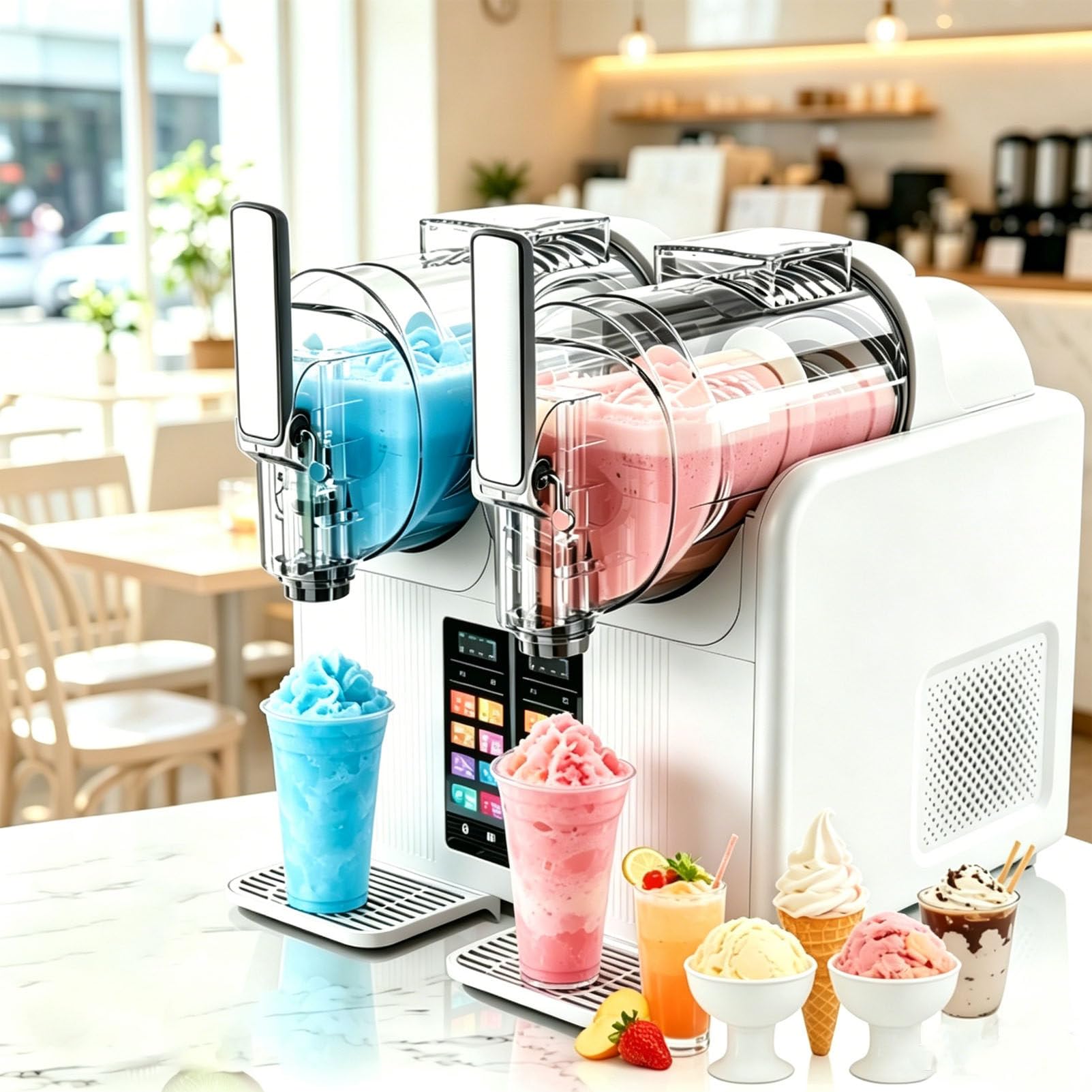 Pfps Commercial Slushy Machine, 2-in-1 Soft Serve Ice Cream & Slushie Maker, Dual 2L Tanks, Auto-Clean, Preset Programs for Party Daily Drinks White