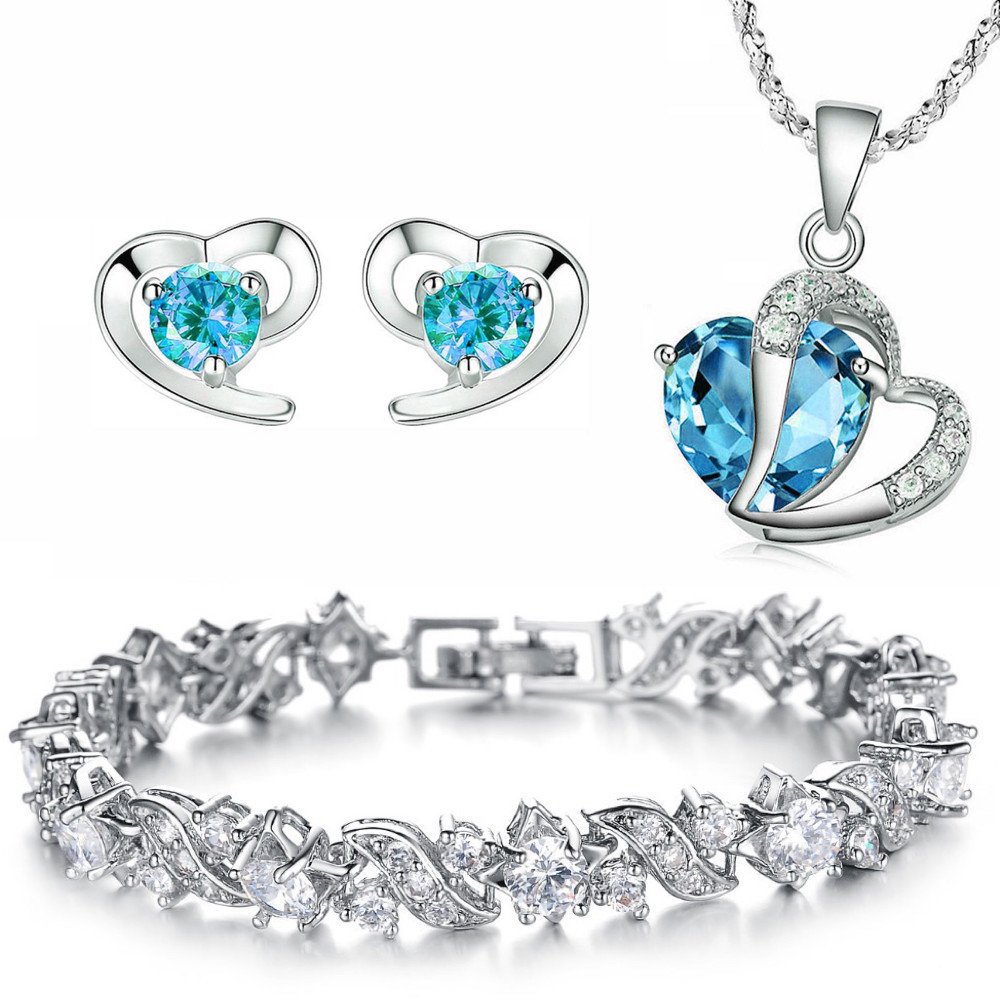 Kim Johanson Damen Schmuckset *Elegant Blue* in Silber I Halskette mit Anhänger & Ohrringen Edelstahl I Armband rhodiniert I Mit Kristallen besetzt inkl. Schmuckbeutel
