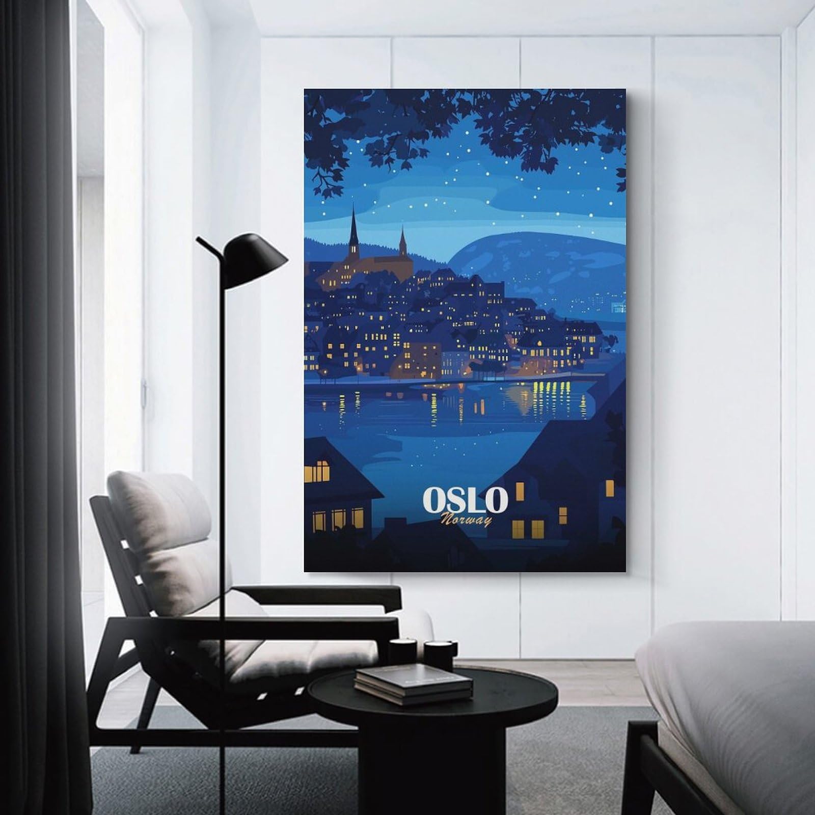 Junmoney Oslo, Norway Night Cityscape Illustration Wall Art Print, 24x36inch(60x90cm), for Living Spaces, Bedrooms Or Relaxed Rooms, Decorative Artwork for Empty Walls