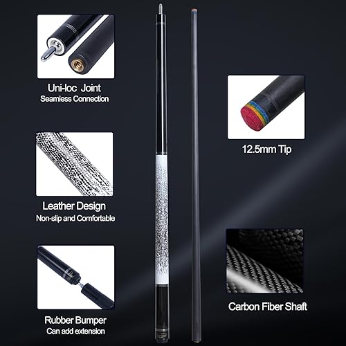 Miniatura 3 de Taco de Billar de Fibra de Carbono 12.5mm Punta Arcoíris Baja Deflexión Taco de Billar con Junta de Pin Uni-loc y Extensión Taco de Billar-20 oz