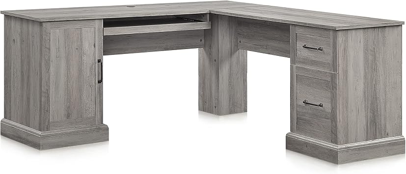 BELLEZE Modern Corner L-Shaped Home Office Computer Laptop Desk or Writing Study Workstation with Keyboard Tray, Two Drawers and Cabinet - Barlow Gray Wash