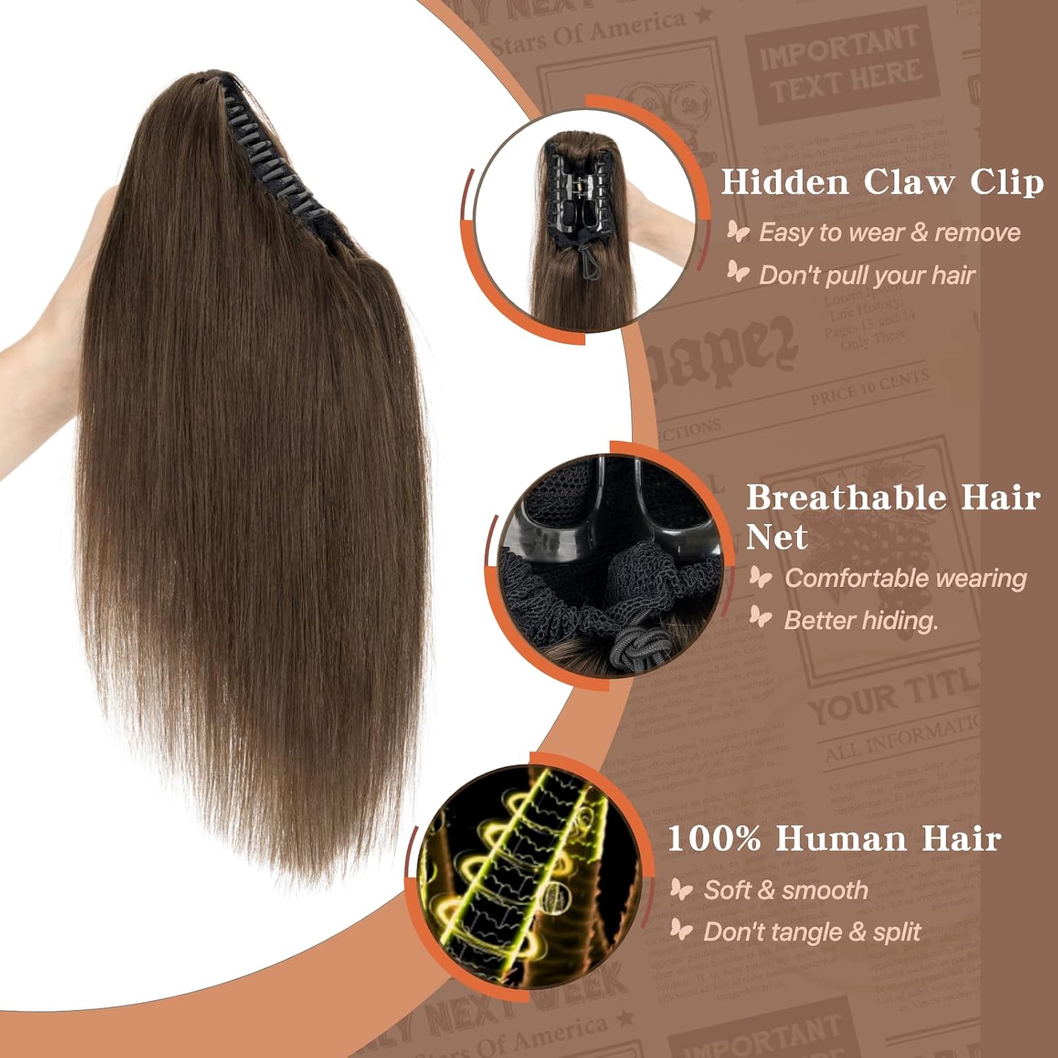 Claw Clip In Ponytail Extension, 100% Human Hair Ponytail Extension, No Tangle & Smooth, 105g, 14 Inch #Dark Brown