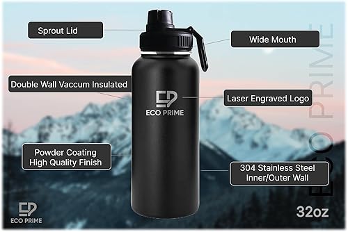 Miniatura 5 de ECO PRIME Botella de agua deportiva de acero inoxidable de 32 onzas con tapa, aislada al vacío, a prueba de fugas, ligera, mantiene el frío y el
