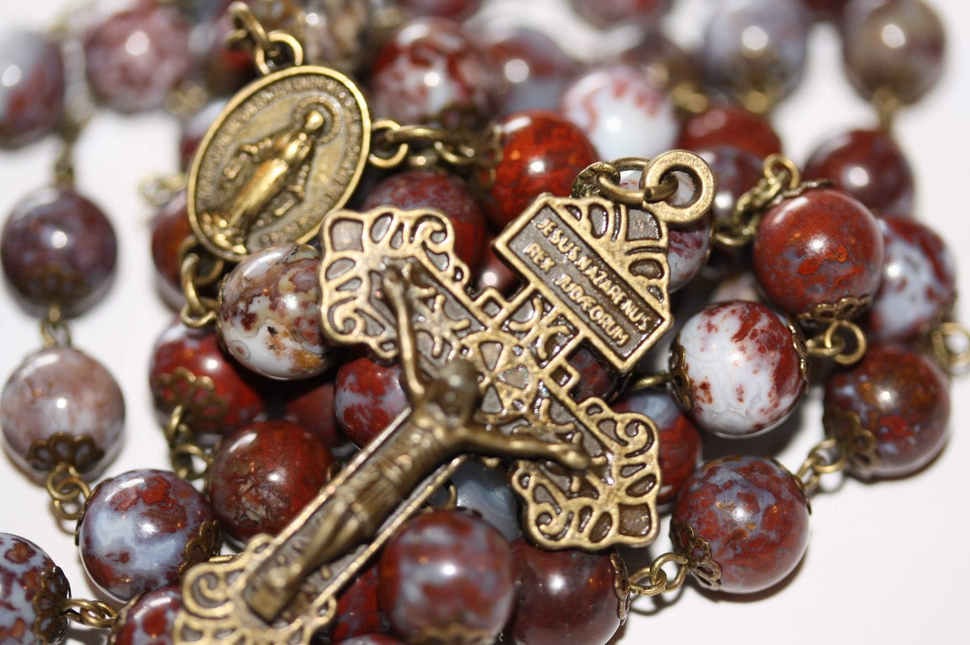 Large Red Moss Agate in Bronze 10mm 5 Decade Bead Rosary made in Oklahoma