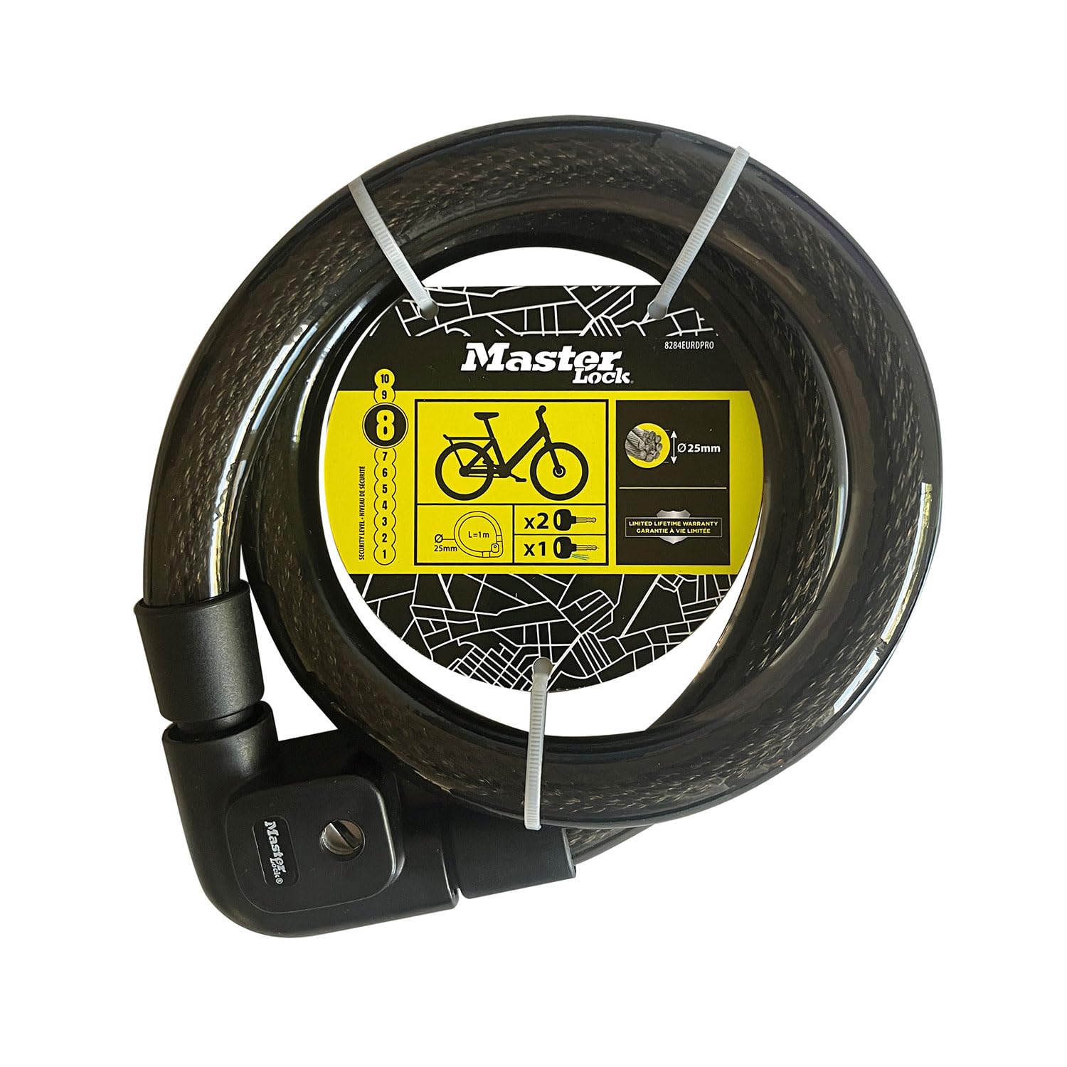 Master Lock 8284EURDPRO – linka zabezpieczająca z zamkiem na klucz, pleciona stalowa 1 m, idealna do zabezpieczania motocykli i rowerów, kolor czarny