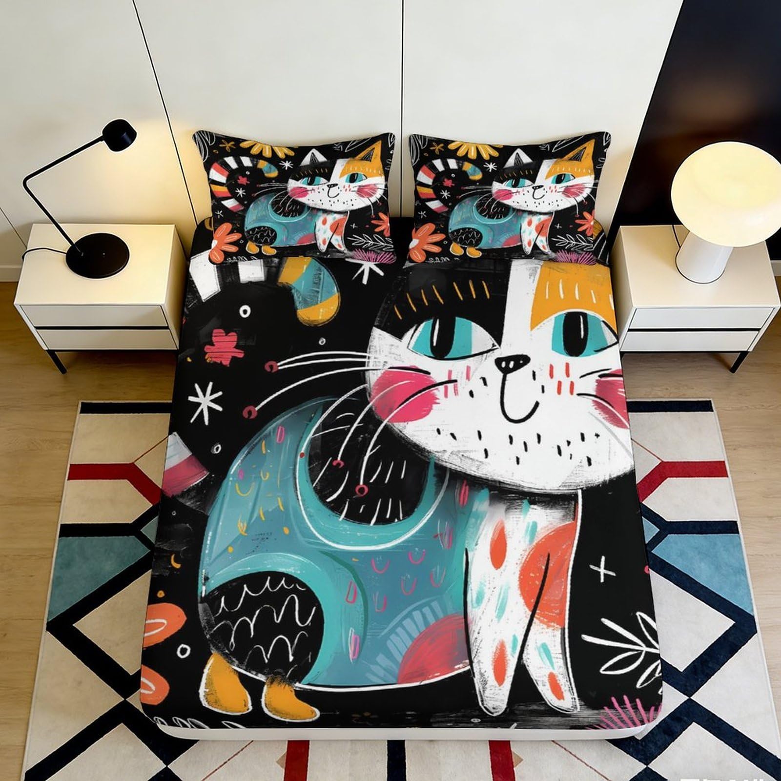 Uynsixtme Style-1 3D Printed Cartoon Cat Fitted Sheet Microfiber Deep Pocket Bedroom Bedding Cartoon Cat Mattress Fitted Cover Non-Slip Washable 140X200x25cm