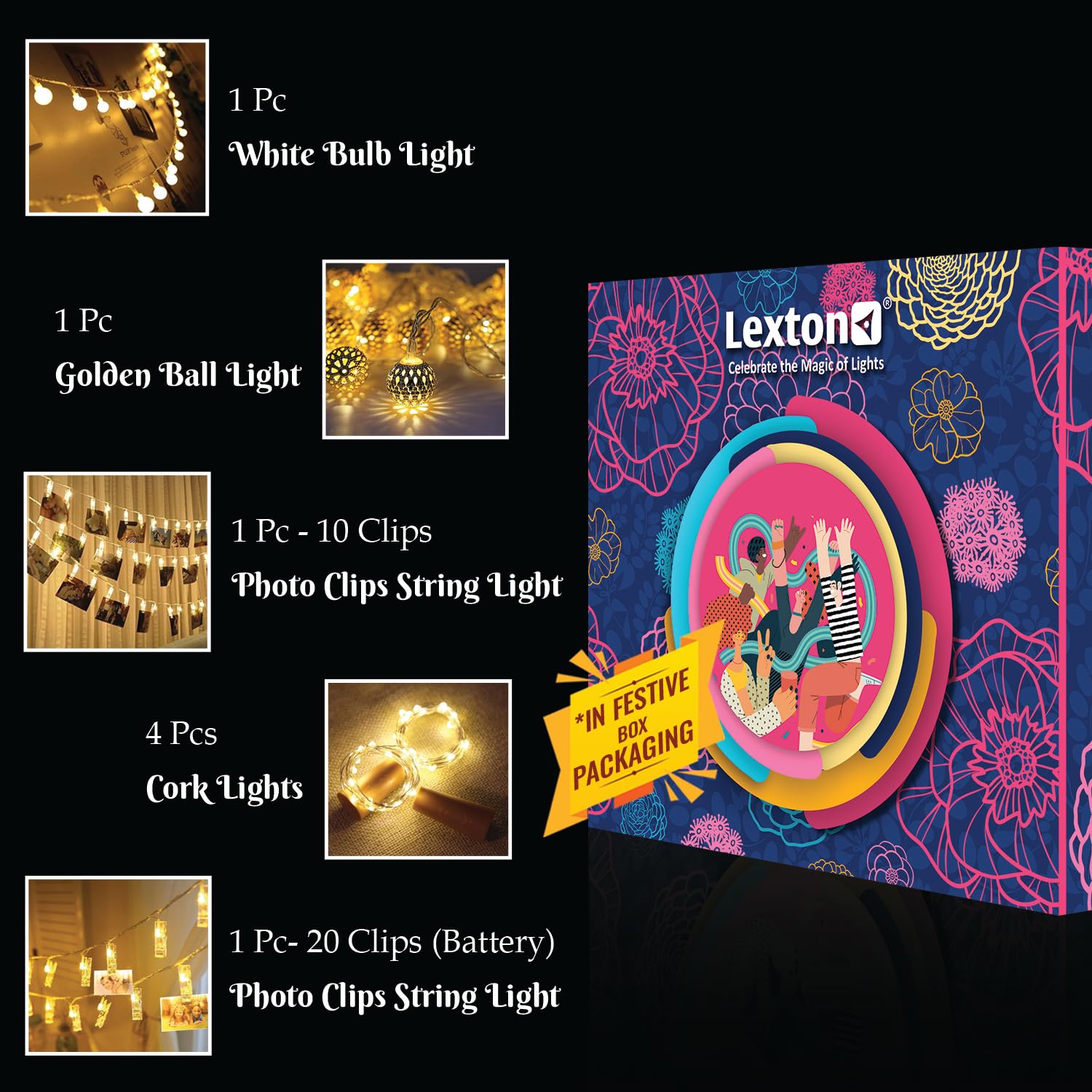 Lexton Lights Combo of White Bulb Light | Golden Ball Light | PhotoClip 10 Clips Light | Battery Powered Photoclip Light 20 Clips & 4 Cork Light for Festivals Decoration Diwali Christmas Warm White 2
