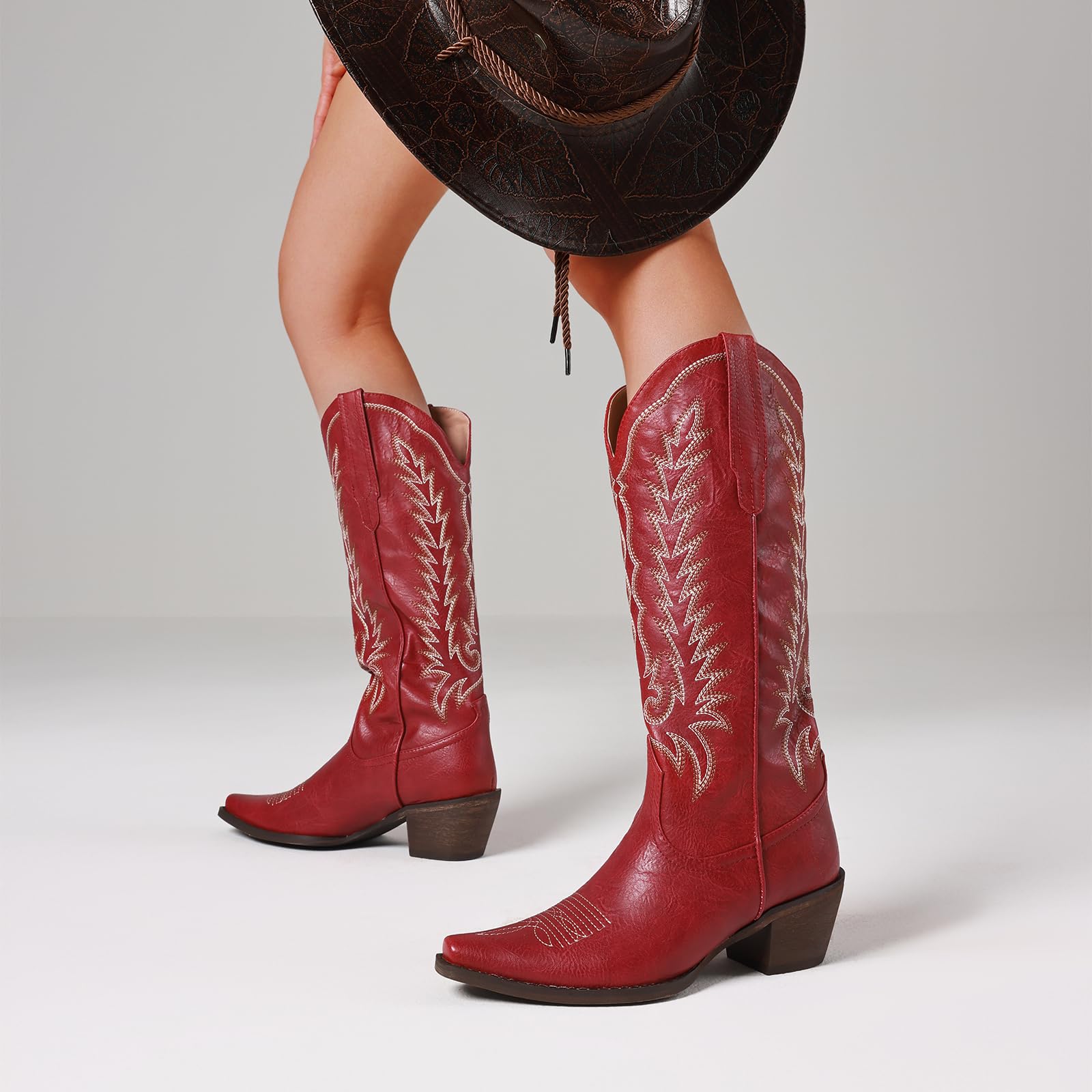 Tscoyuki Botas vaqueras para mujer: botas altas bordadas occidentales hasta la rodilla para mujer, punta puntiaguda, tacón grueso, botas altas
