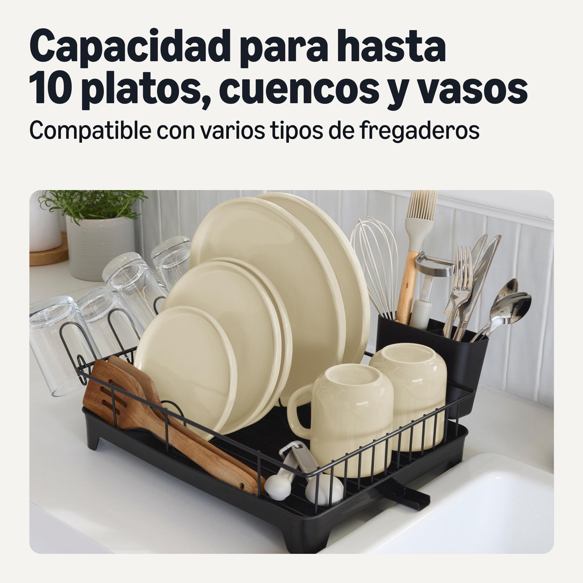Amazon Basics Escurreplatos, Acero Inoxidable, 38,6cm x 29,5cm x 10,2cm, Negro