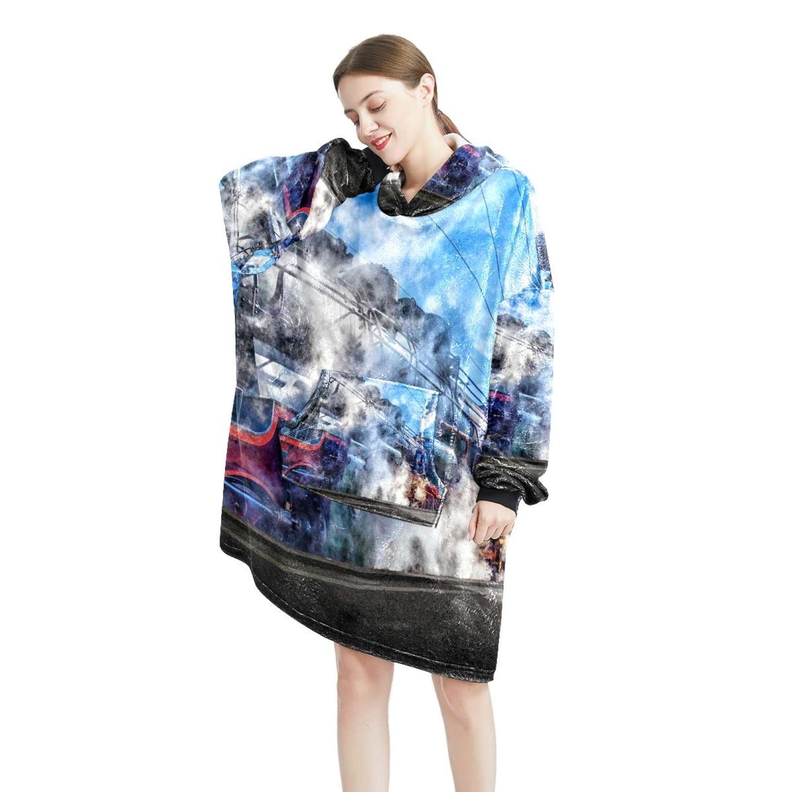 Lokomotywa parowa pociąg tor kolejowy do noszenia koc bluza z kapturem, oversize z kapturem dla kobiet, wygodna bluza, wielobarwny, rozmiar uniwersalny