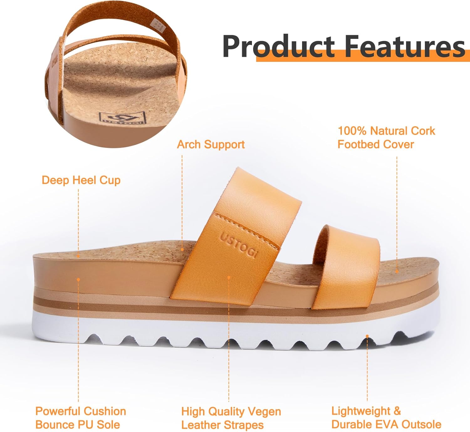 Flatform Platform Sandals Women Arch Support Beach Slides Orthotic Summer Causal Cork Footbed Adjustable Lightweight Thick Sole Comfortable Fashion Slip on Cushion Cute 2 Strap - Image 2