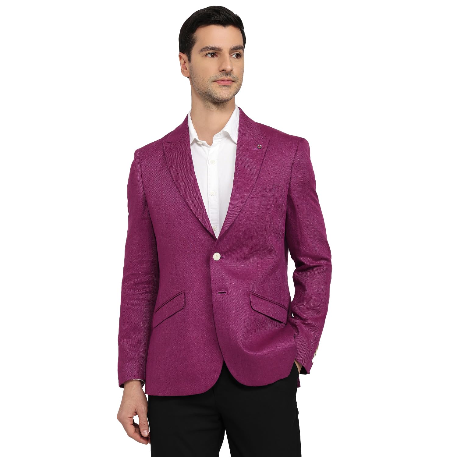 Men Contemporary Fit Solid Pattern Pure Linen Peak Lapel Full Sleeve Formal Blazer-image-21