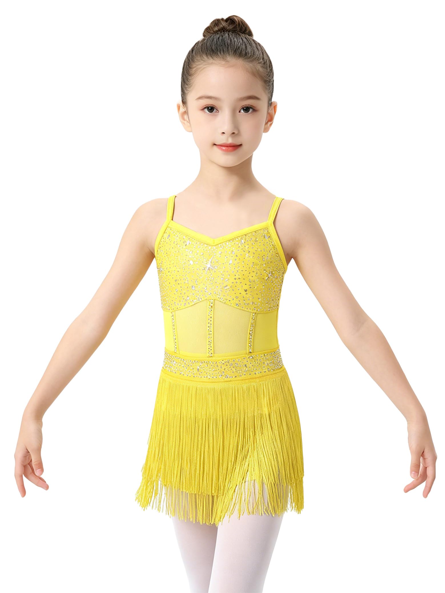 Sxiwei Kinder Mädchen Quaste Latein Kleid Eiskunstlaufkleid Mädchen Ärmellos Latein Tanzkleid Ballroom Fransen Kleider Eiskunstlauf Wettbewerbe Tanzkostüm