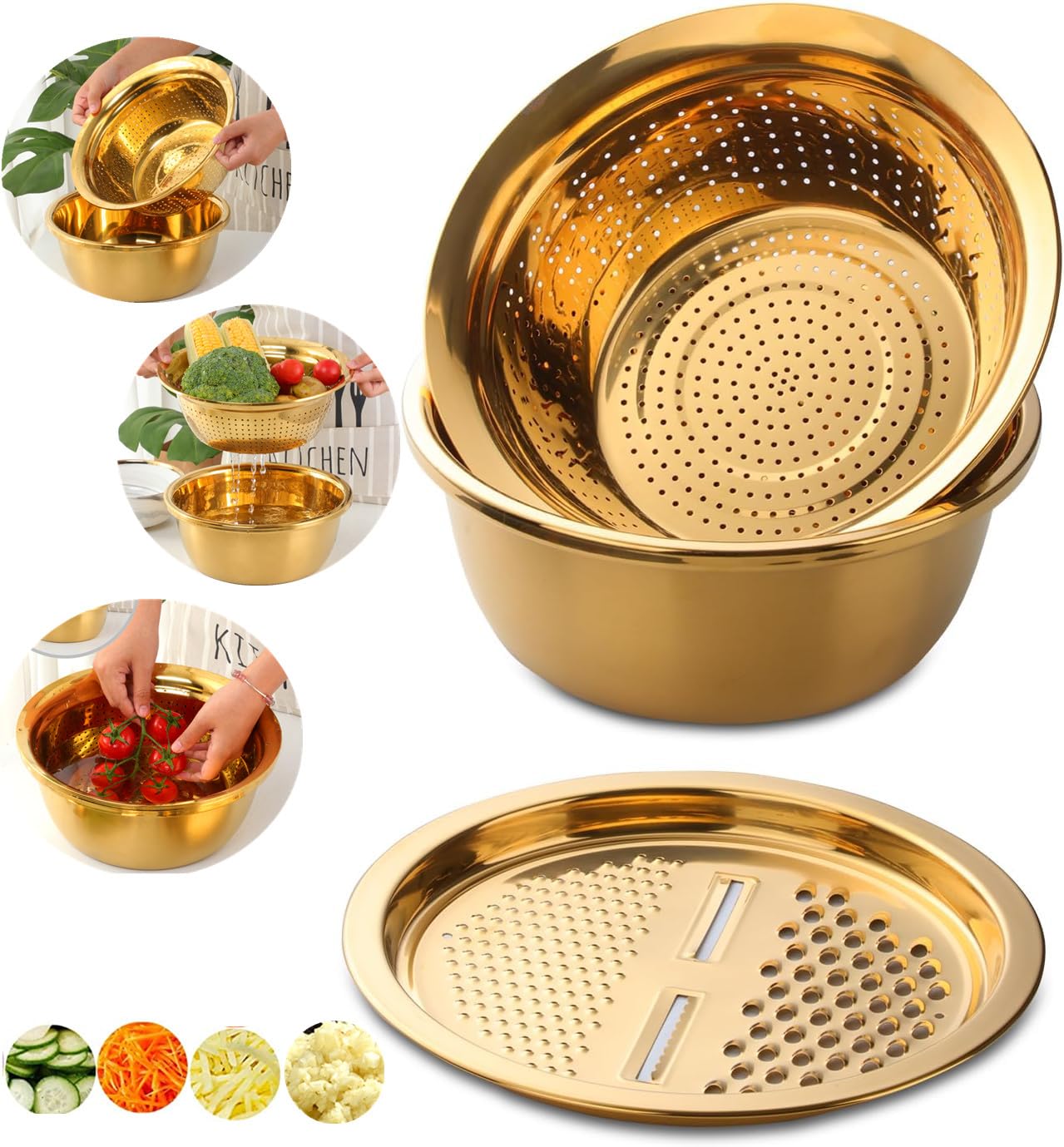QIBORUN - Juego de 3 coladores de acero inoxidable, cortador de verduras, pelador de patatas de frutas, rallador de zanahoria, utensilios, lavadora de arroz, cuenco de drenaje, color dorado