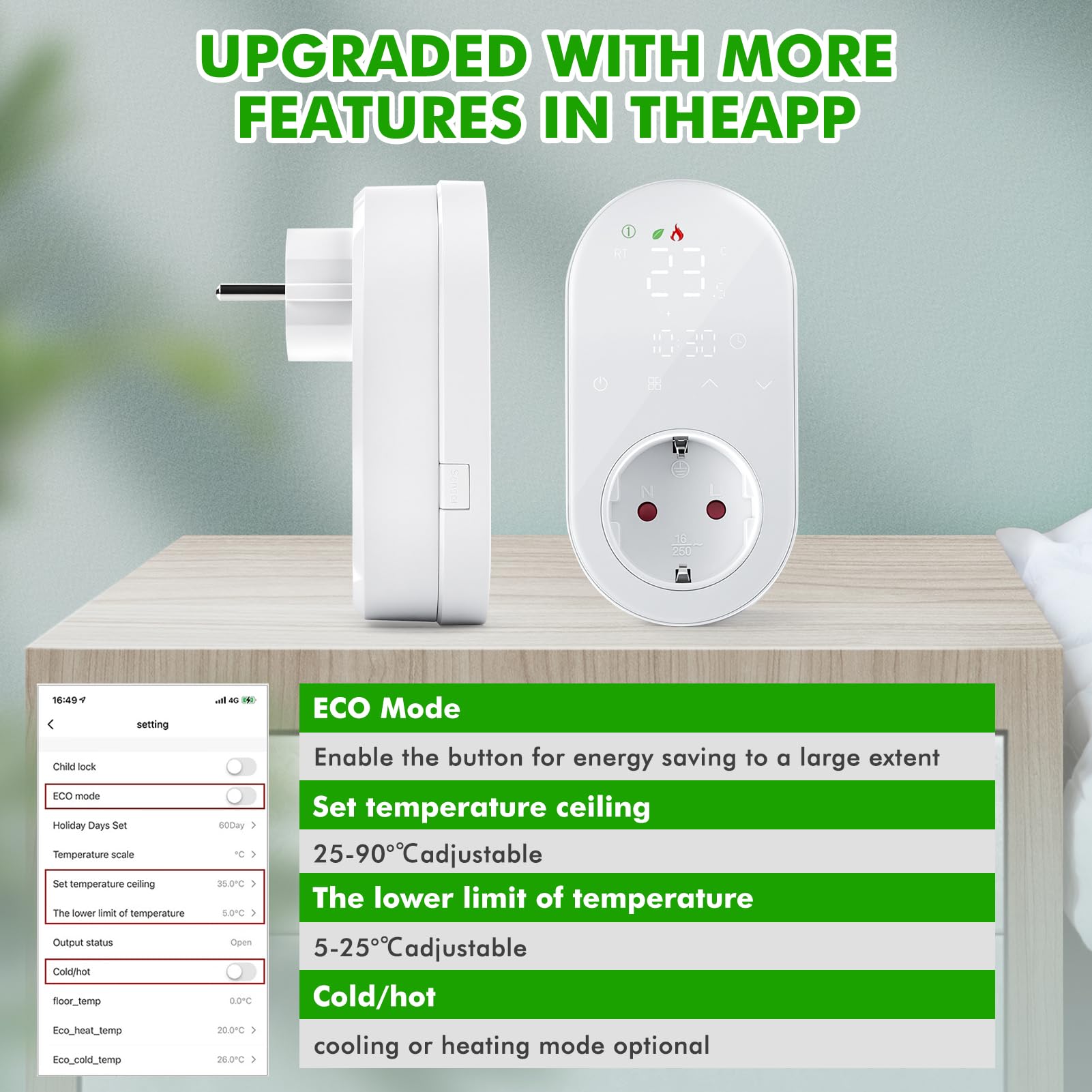 Presa termostatica Wi-Fi, 220 V, 16 A, Regolatore di Temperatura Programmabile con Modalità di Riscaldamento e Raffreddamento, Termostato Digitale a LED, compatibile con Smart Life/Alexa