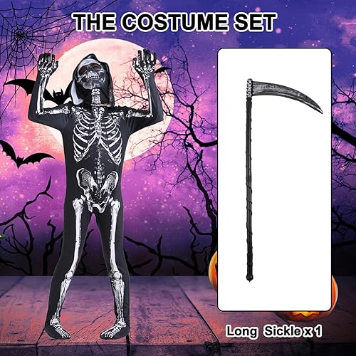 Miniatura 2 de Disfraz de esqueleto para niños, disfraz de Halloween, body de esqueleto con capucha, máscara de guadaña, truco o trato