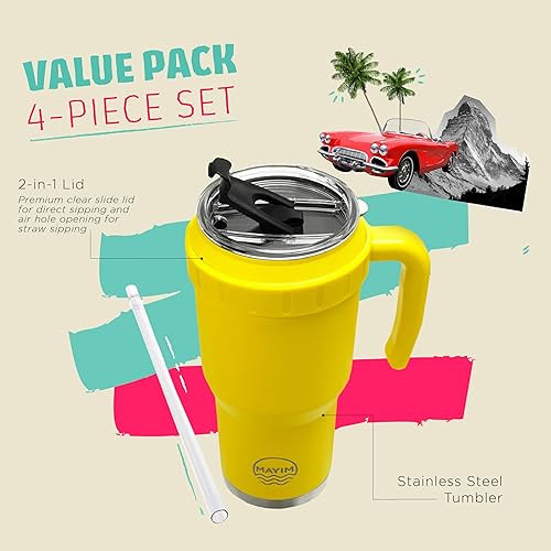 Miniatura 5 de Mayim Vaso de 40 onzas con asa, taza de café de viaje o botella de agua aislada con popote y tapa, termo de doble pared de acero inoxidable a prueba