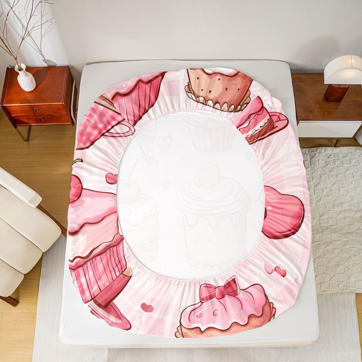 Manfei Juego de sábanas bajeras de 3 piezas, diseño de pastel de chocolate con diseño de tartán geométrico y lazo de fresa, 3 piezas, bonitas sábanas románticas con 2 fundas de almohada, decoración de