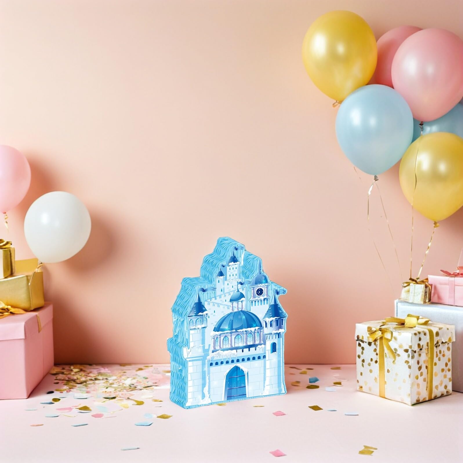 Prinzessin Schloss Pinata aus Winterliches Weihnachts-motto mit Augenbinde und Konfetti Blaues Eis-schloss für Geburtstag Partydeko und Spielspaß