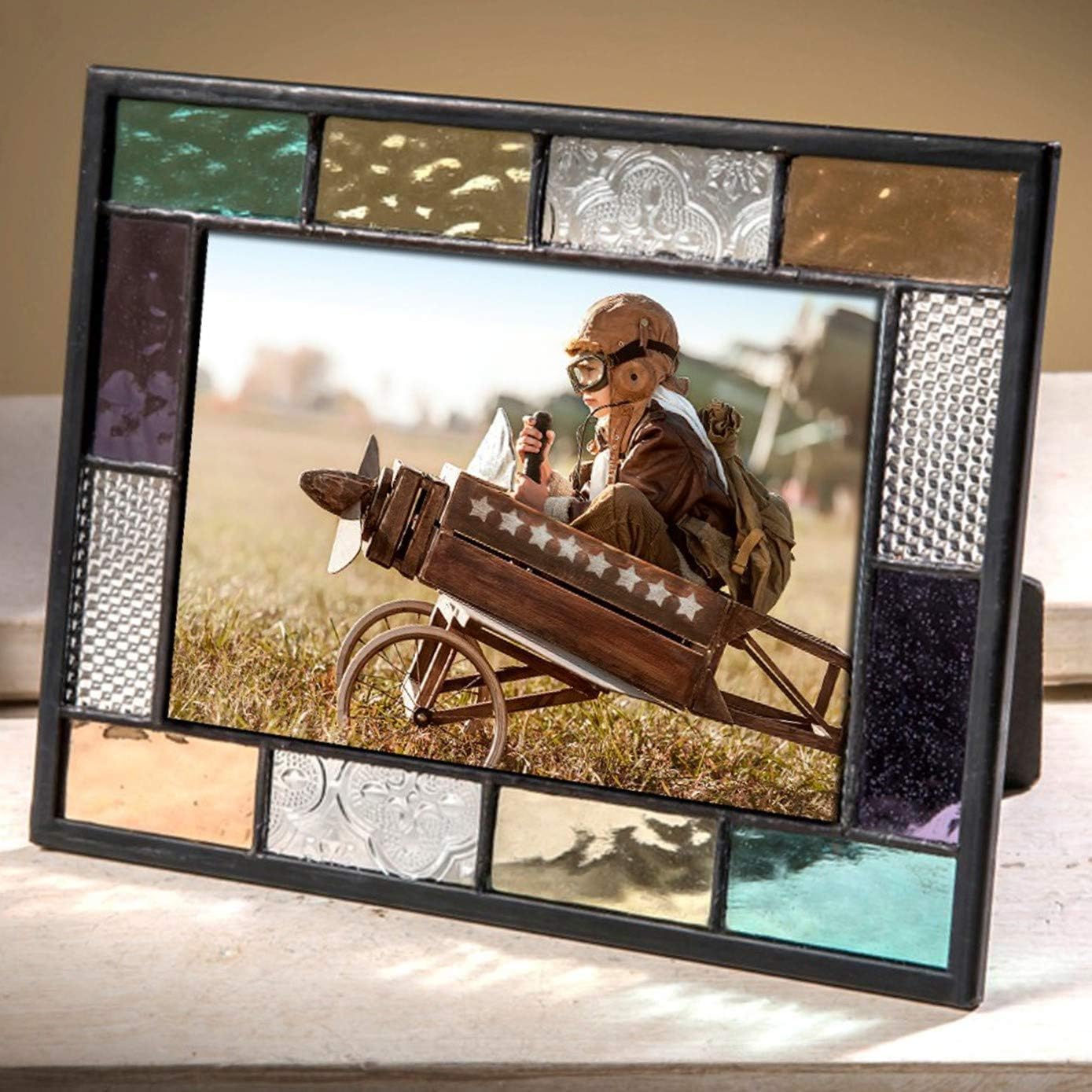 Stained Glass Picture Frame 4x6 Tabletop Easel Back Photo Frame Colorful Autumn Fall Home Decor Purple Blue Clear Amber Green J Devlin Pic 386-46HV