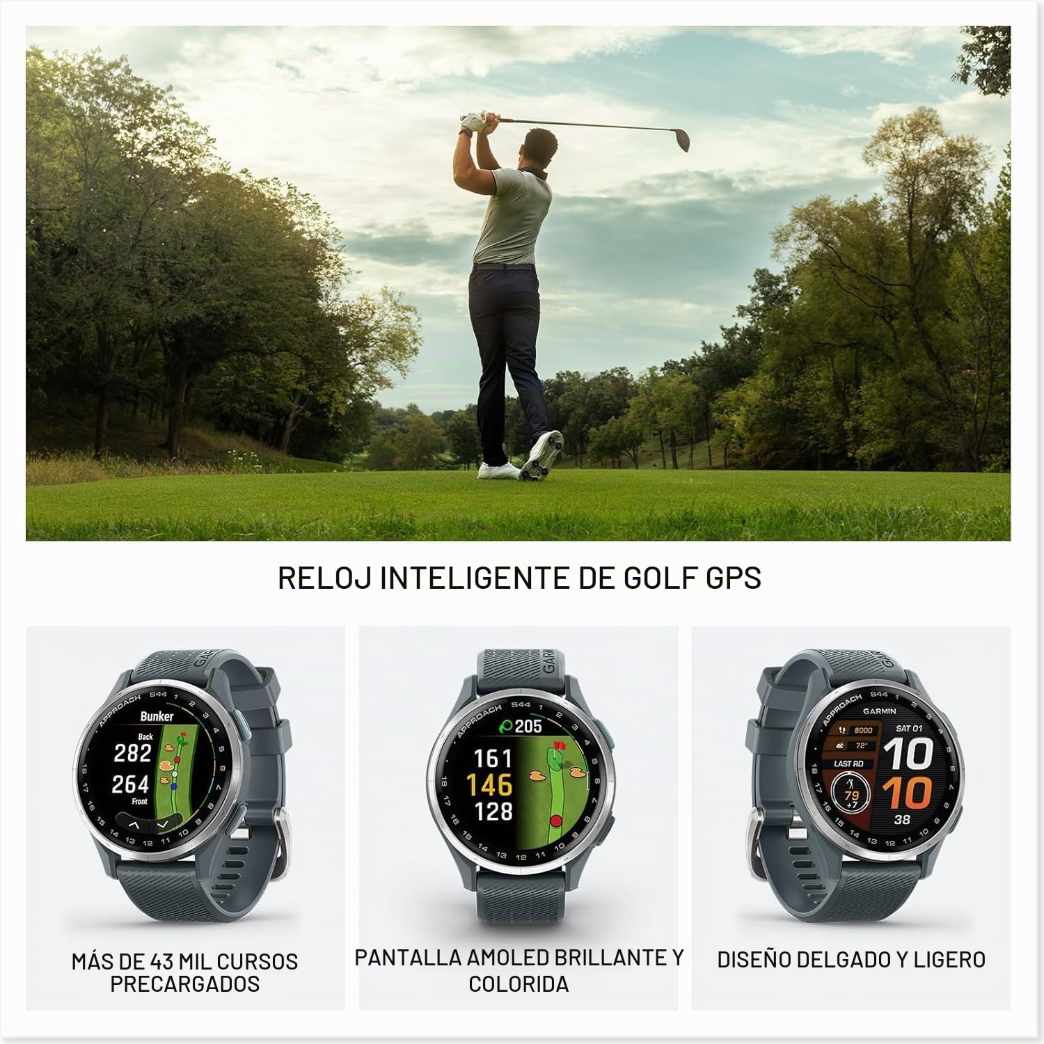 Garmin Approach S44 Essential - Reloj de golf con GPS, pantalla AMOLED, características en el campo, reloj inteligente deportivo y fitness, bisel de aluminio plateado con correa de silicona negra