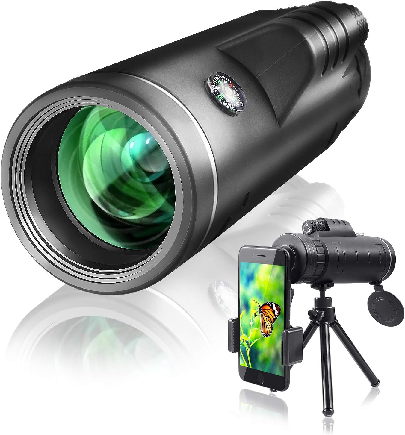 Qhui Monocular Telescope 40x60 with Extendable Tripod and Smartphone Adapter Waterproof Fogproof Low Light Version High Powered HD BAK4 Prism FMC Lens for Bird Watching, Hunting, Camping, Travelling